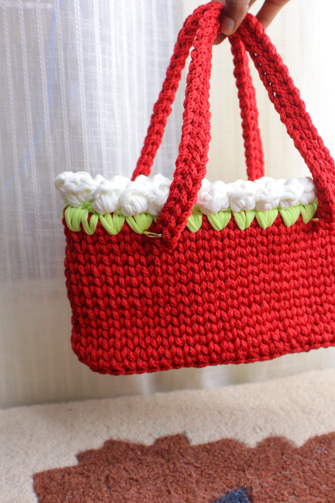 White Tulips on Red Mini Crochet Bag