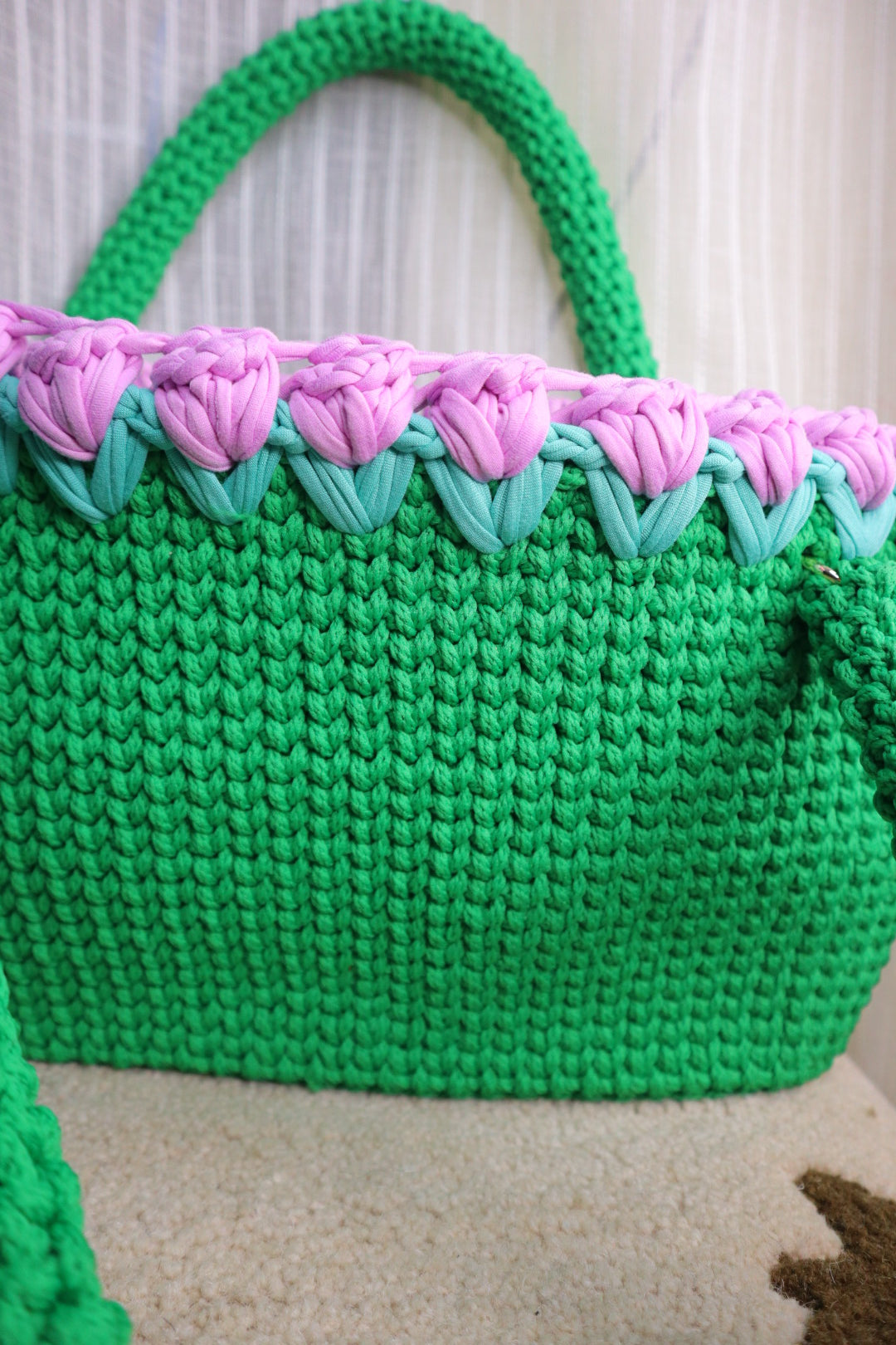 Green Crotchet Tote With Purple Tulips