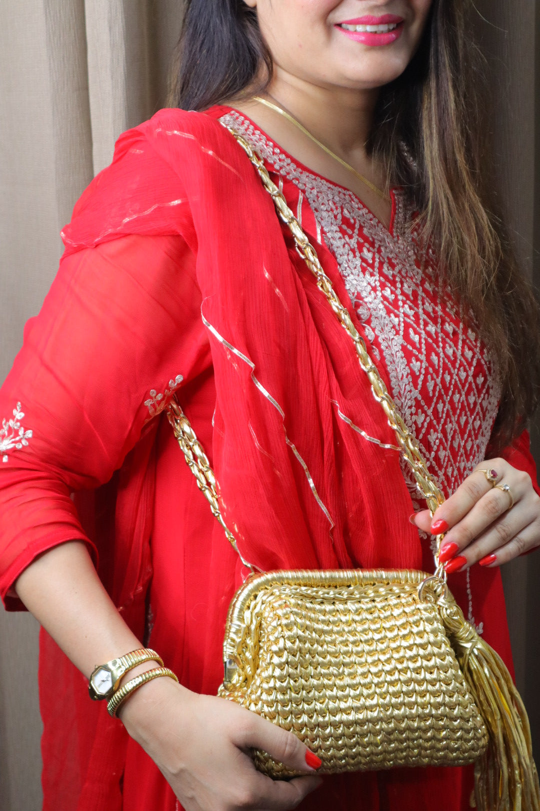 Golden Luxe Metallic Crochet Clutch with Sling and Tassel