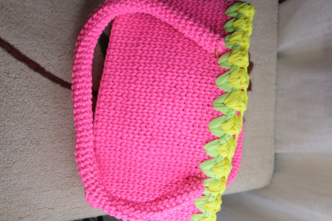 Pink Crochet Tote With Yellow Tulips