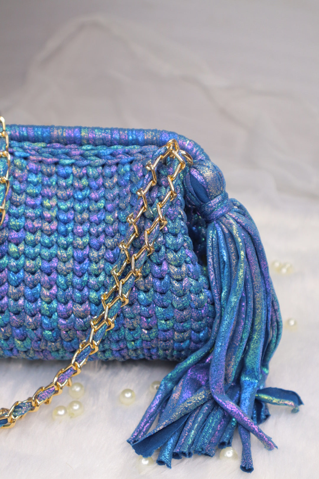 Shimmery Blue Crochet Clutch with Sling and Tassel