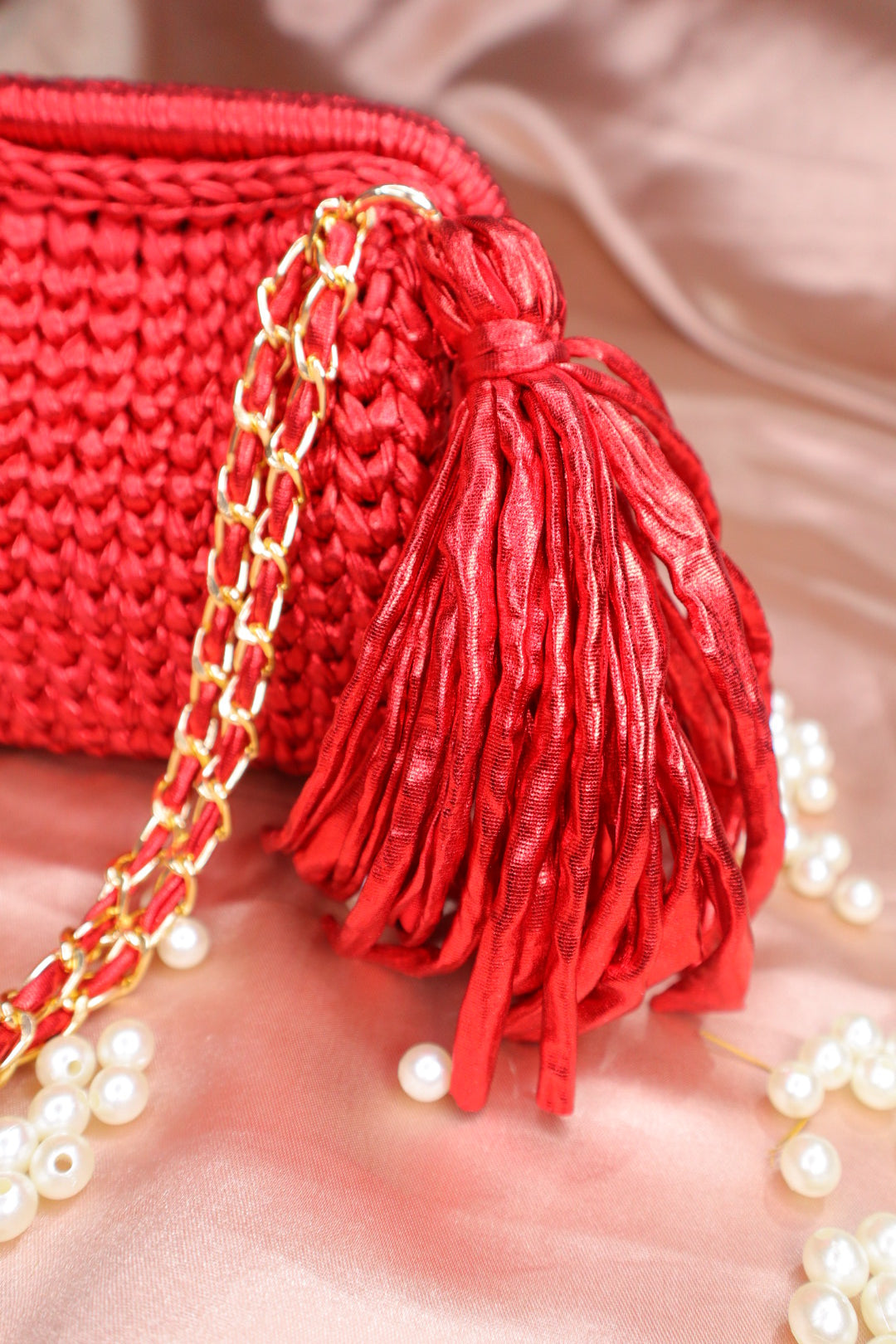 Metallic Red Crochet Clutch with Sling and Tassel