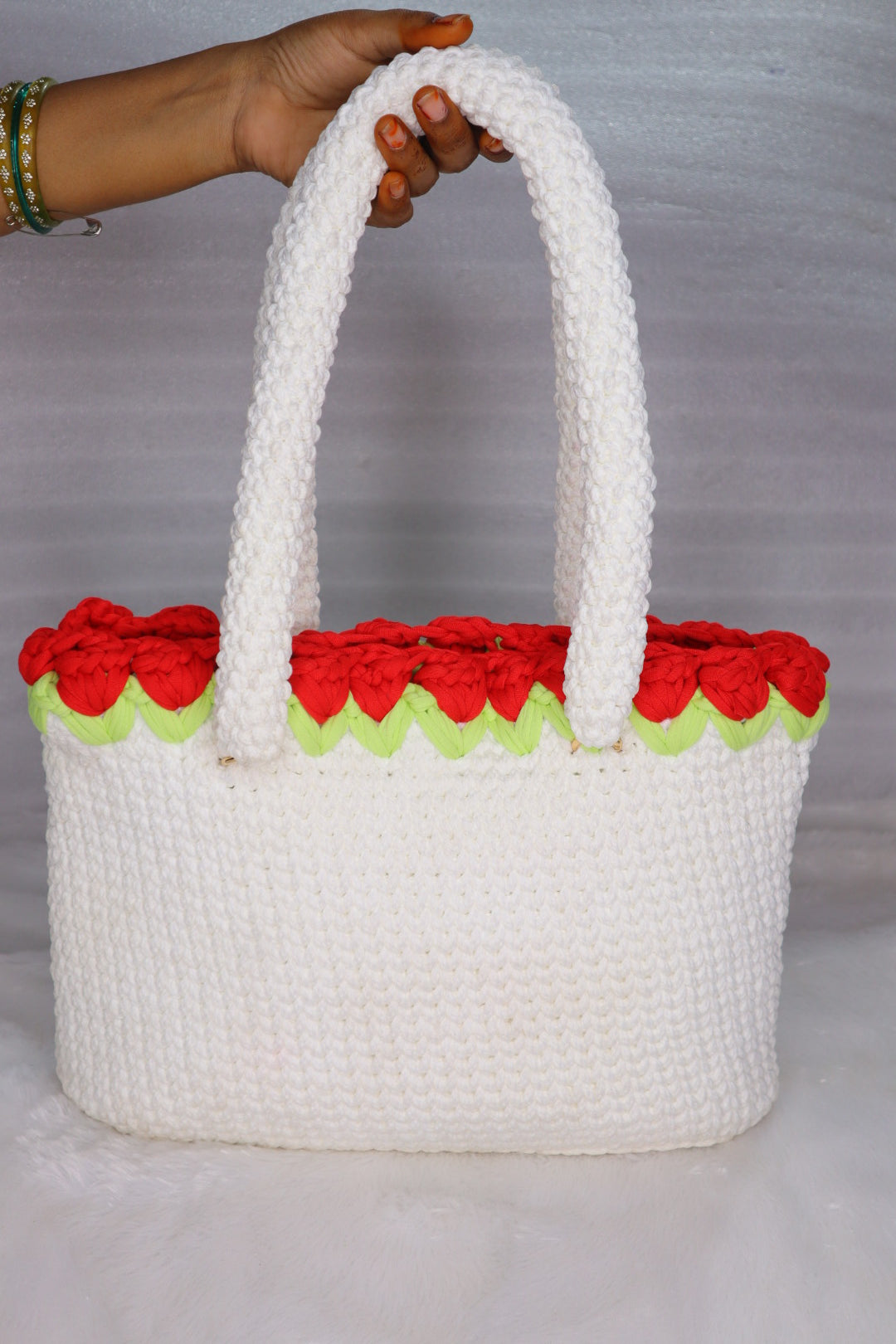White Crochet Tote With Red Tulips