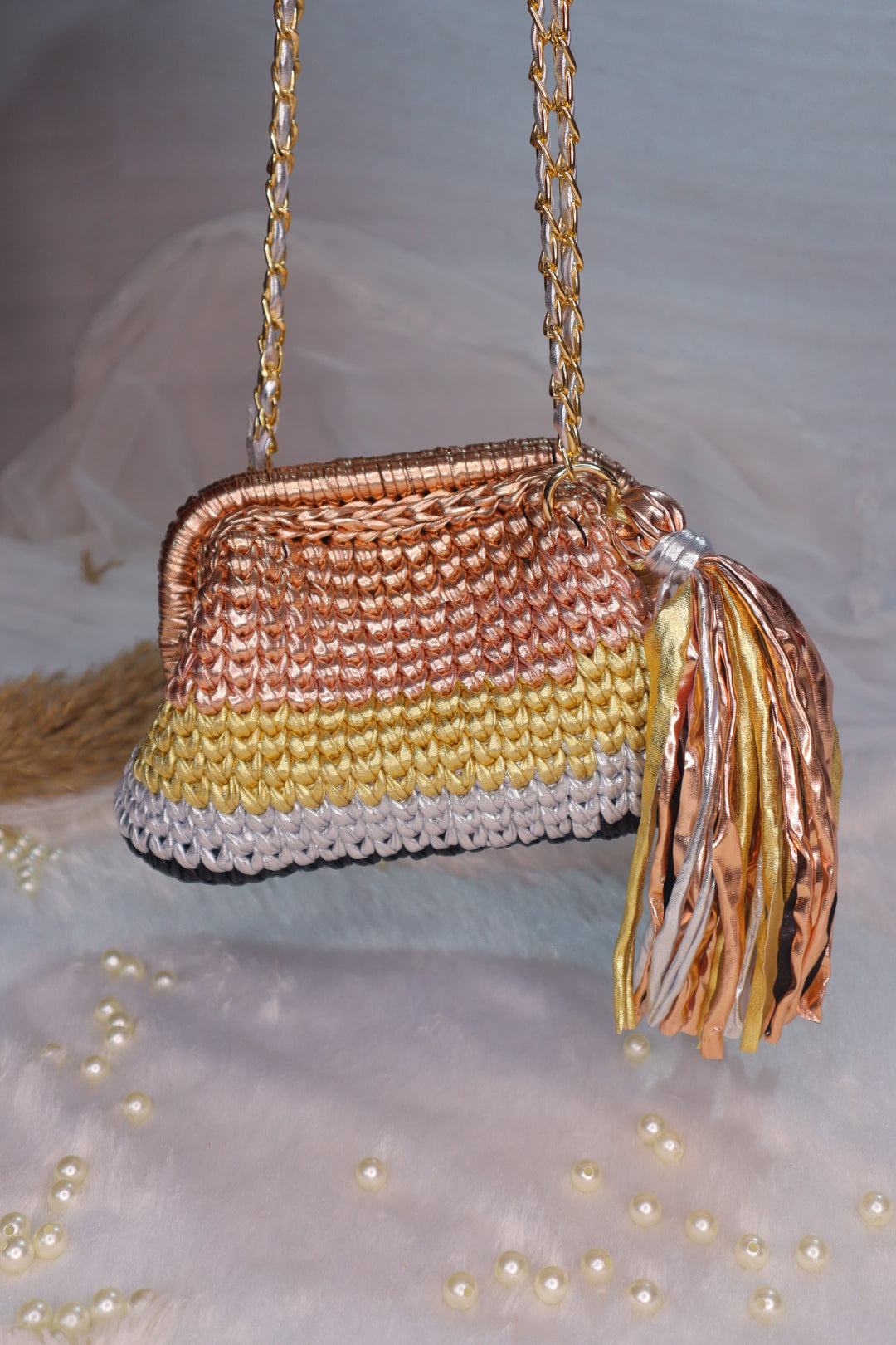 Multi Color Crochet Clutch with Sling and Tassel