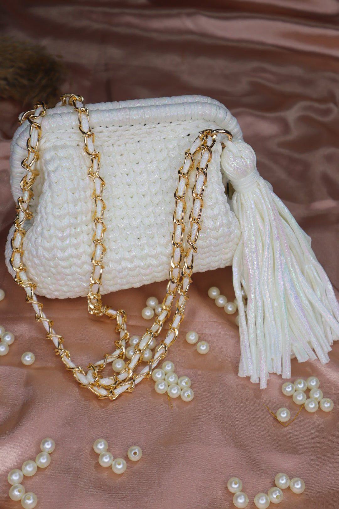 Shimmery White Crochet Clutch with Sling and Tassel