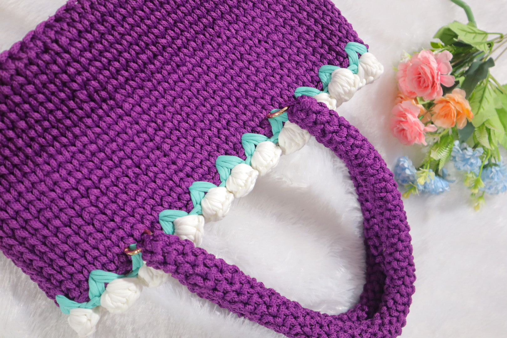 Purple Crochet Tote With White Tulips