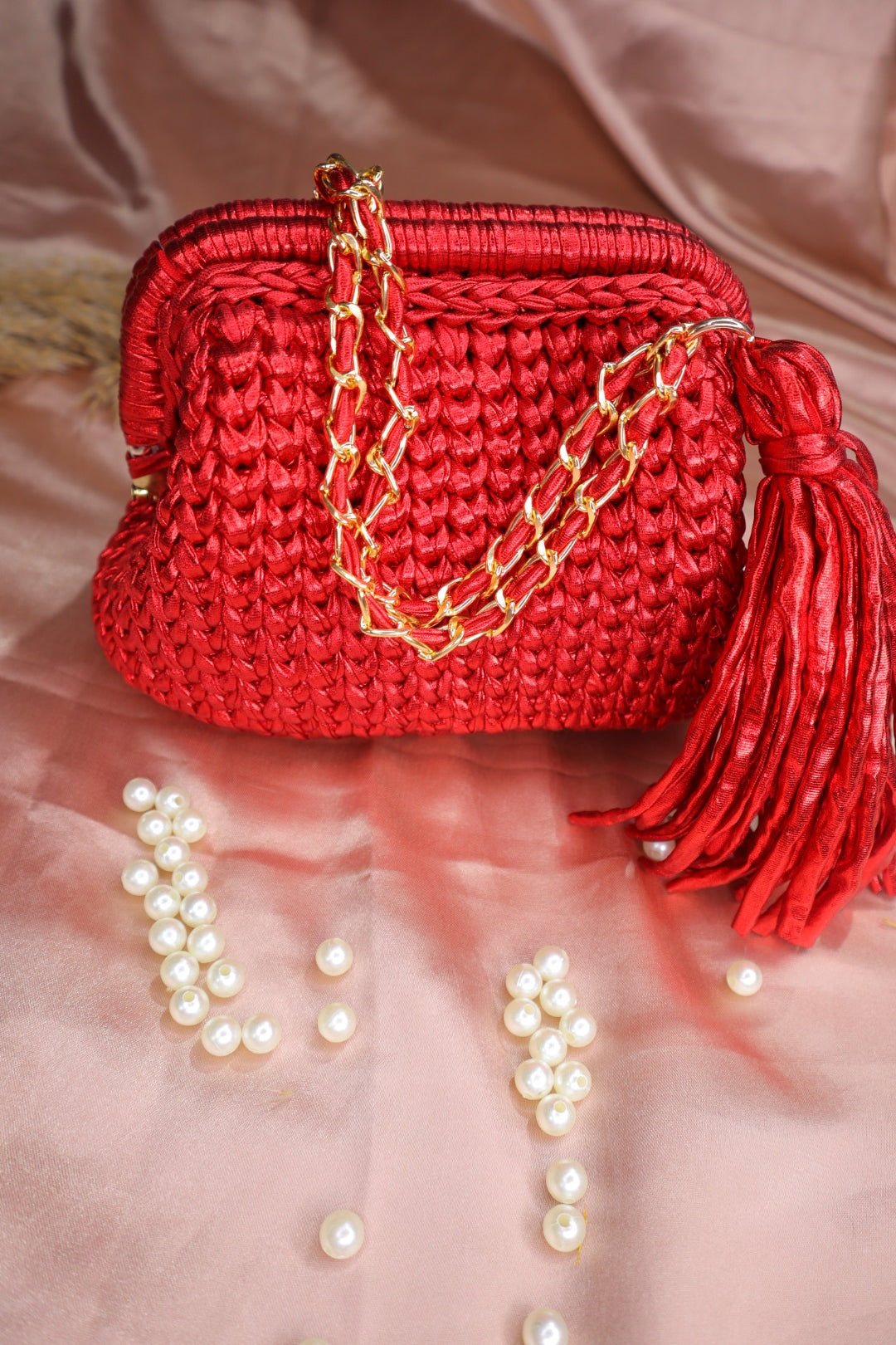 Metallic Red Crochet Clutch with Sling and Tassel