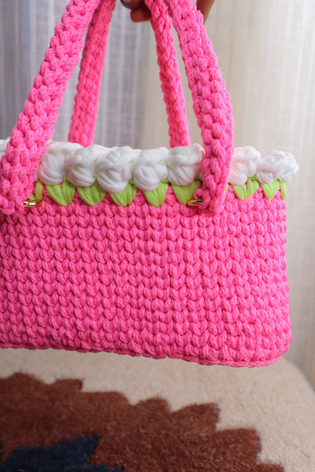 White Tulips on Pink Mini Crochet Bag