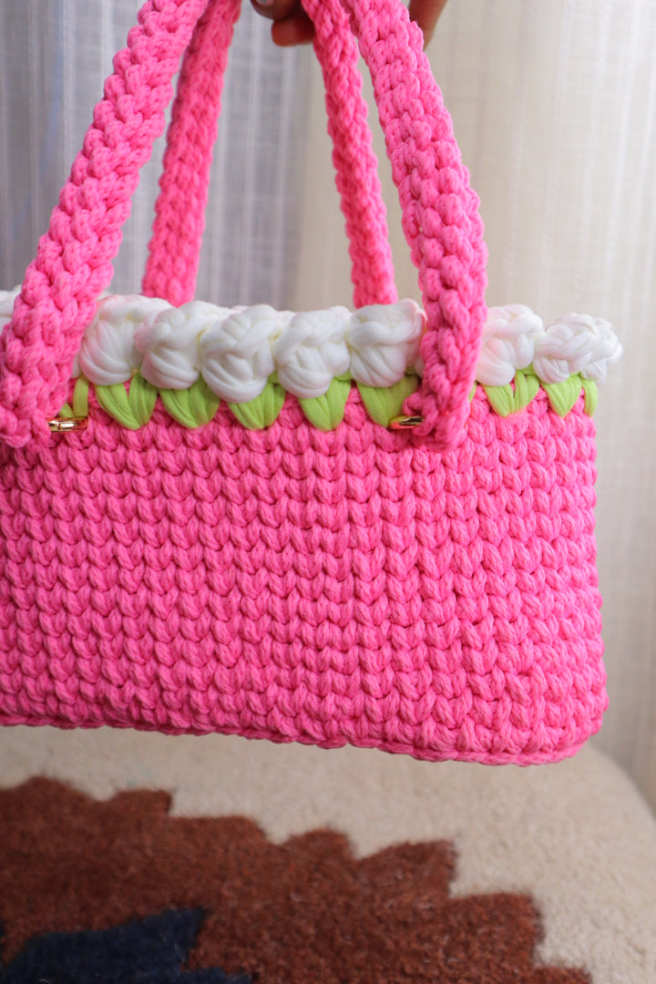 White Tulips on Pink Mini Crochet Bag