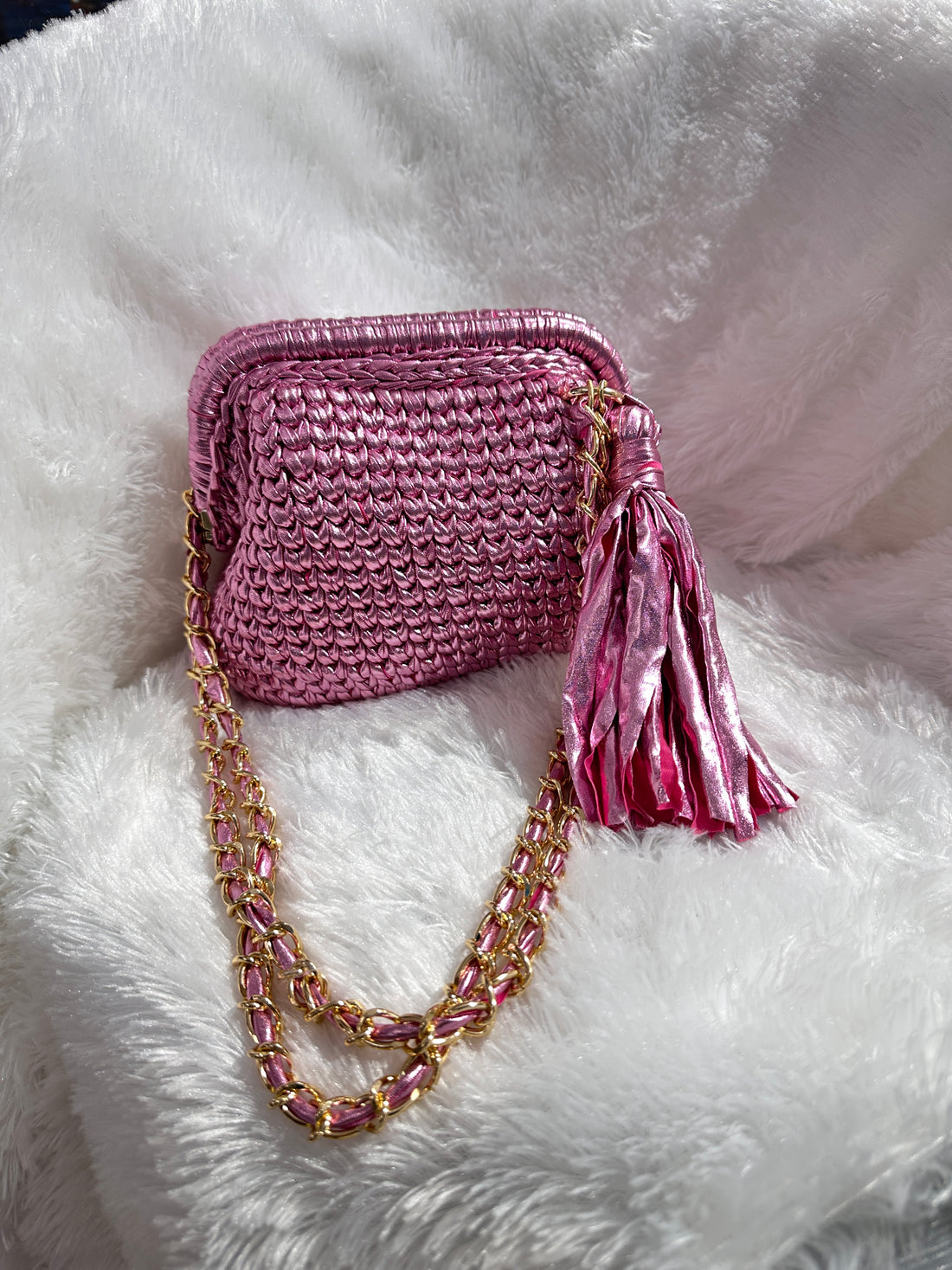 Pink Petal Metallic Crochet Clutch with Sling and Tassel