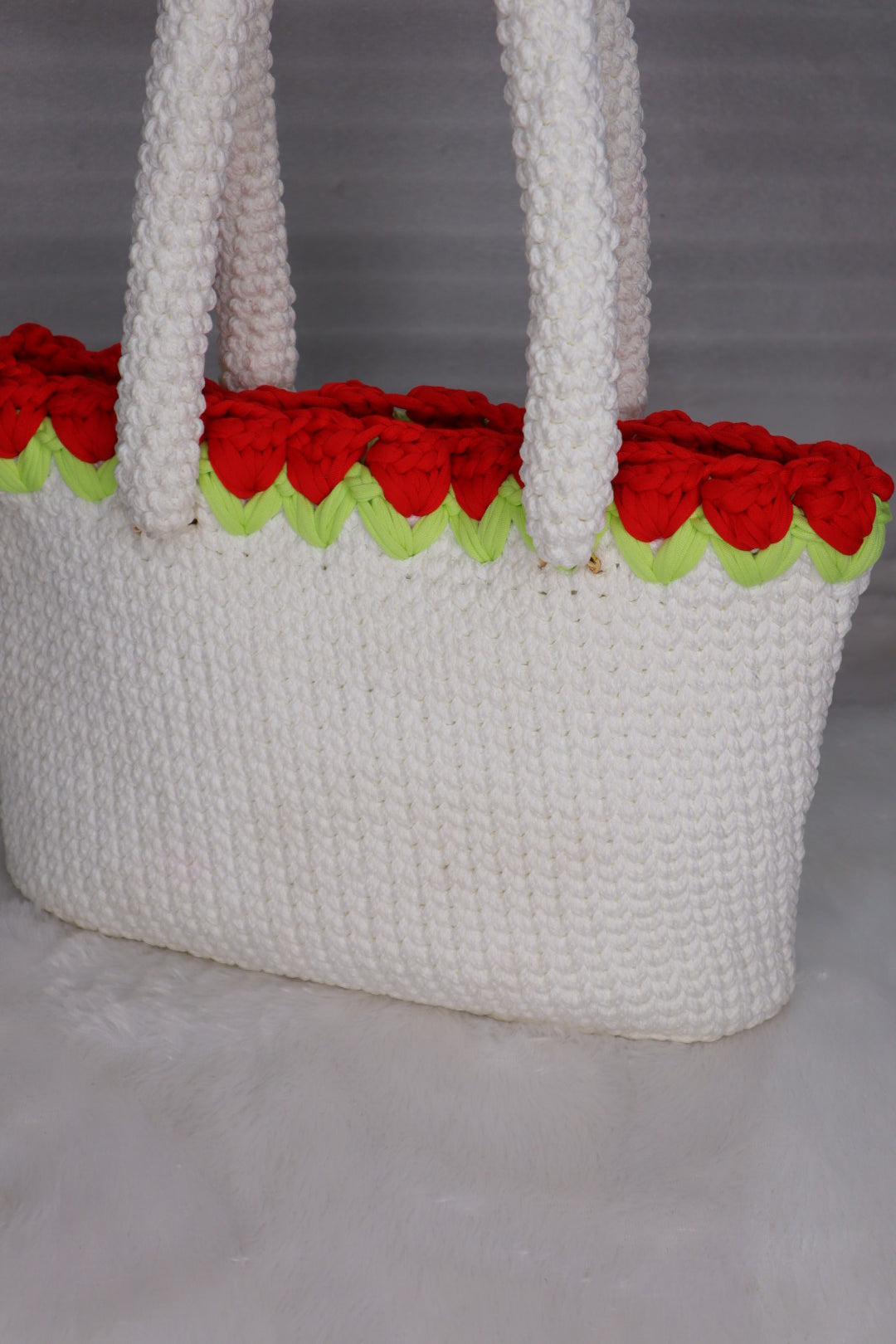 White Crochet Tote With Red Tulips