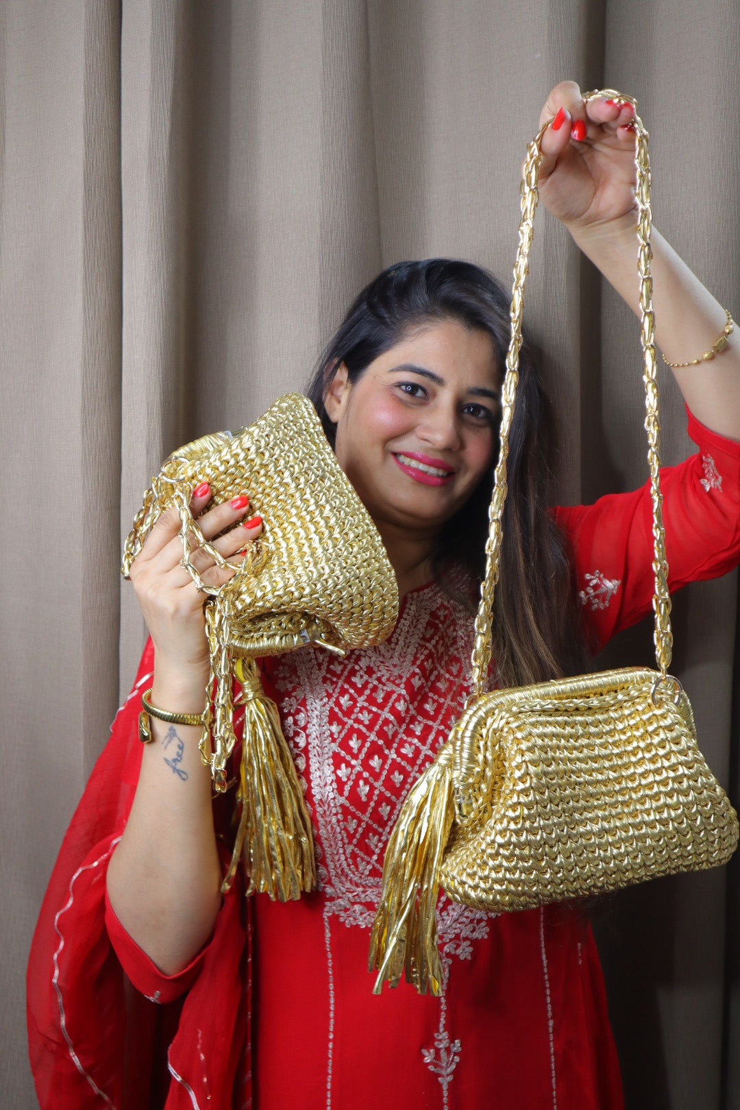 Golden Luxe Metallic Crochet Clutch with Sling and Tassel