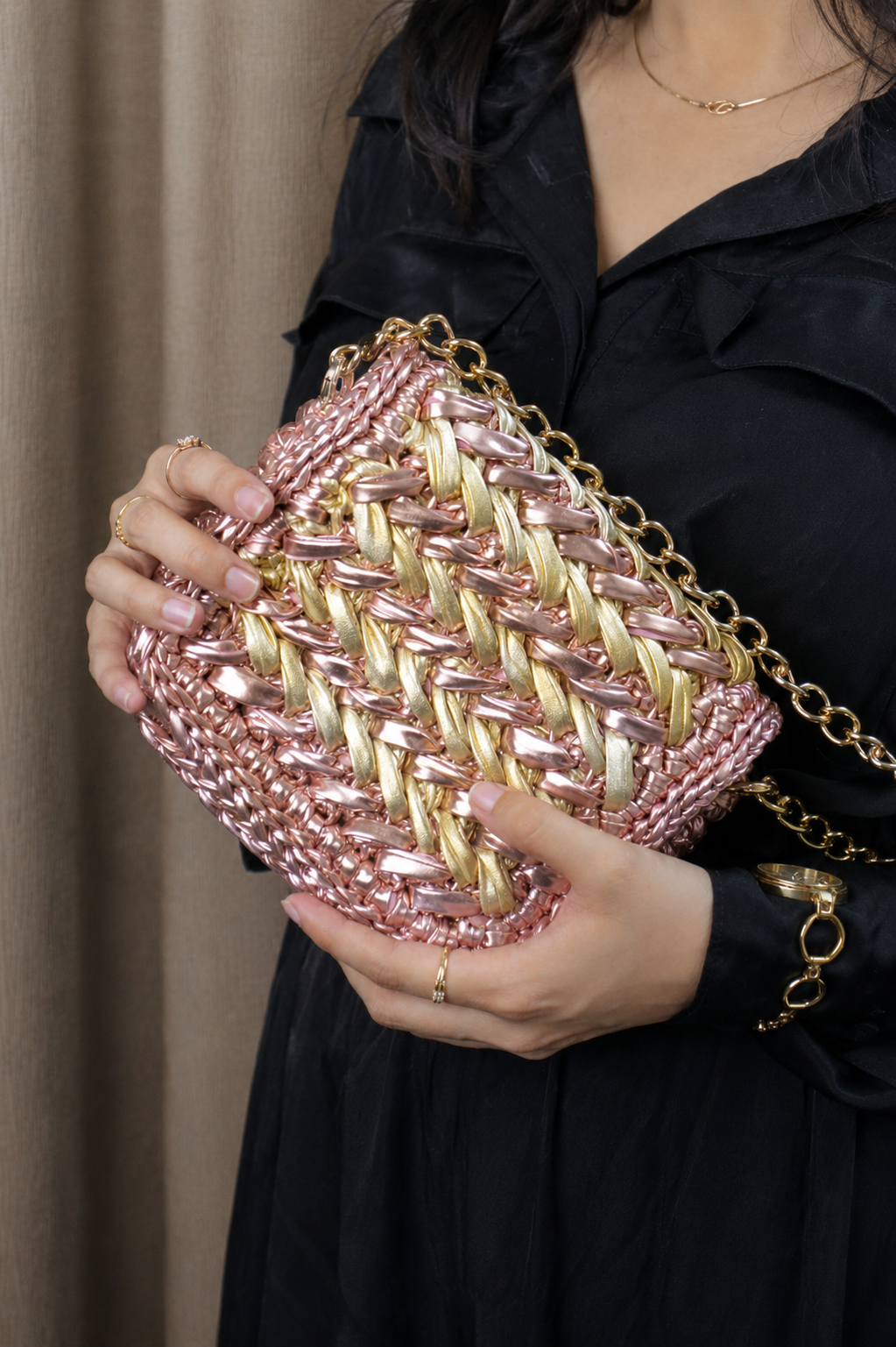 Waffle Rose Gold Champagne Gold Bag