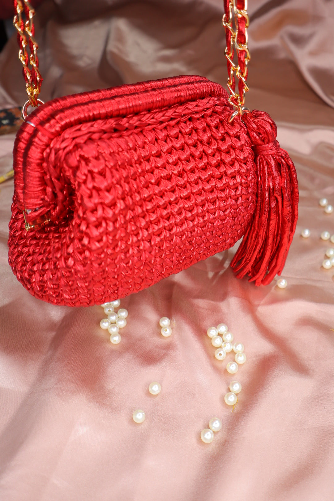 Metallic Red Crochet Clutch with Sling and Tassel