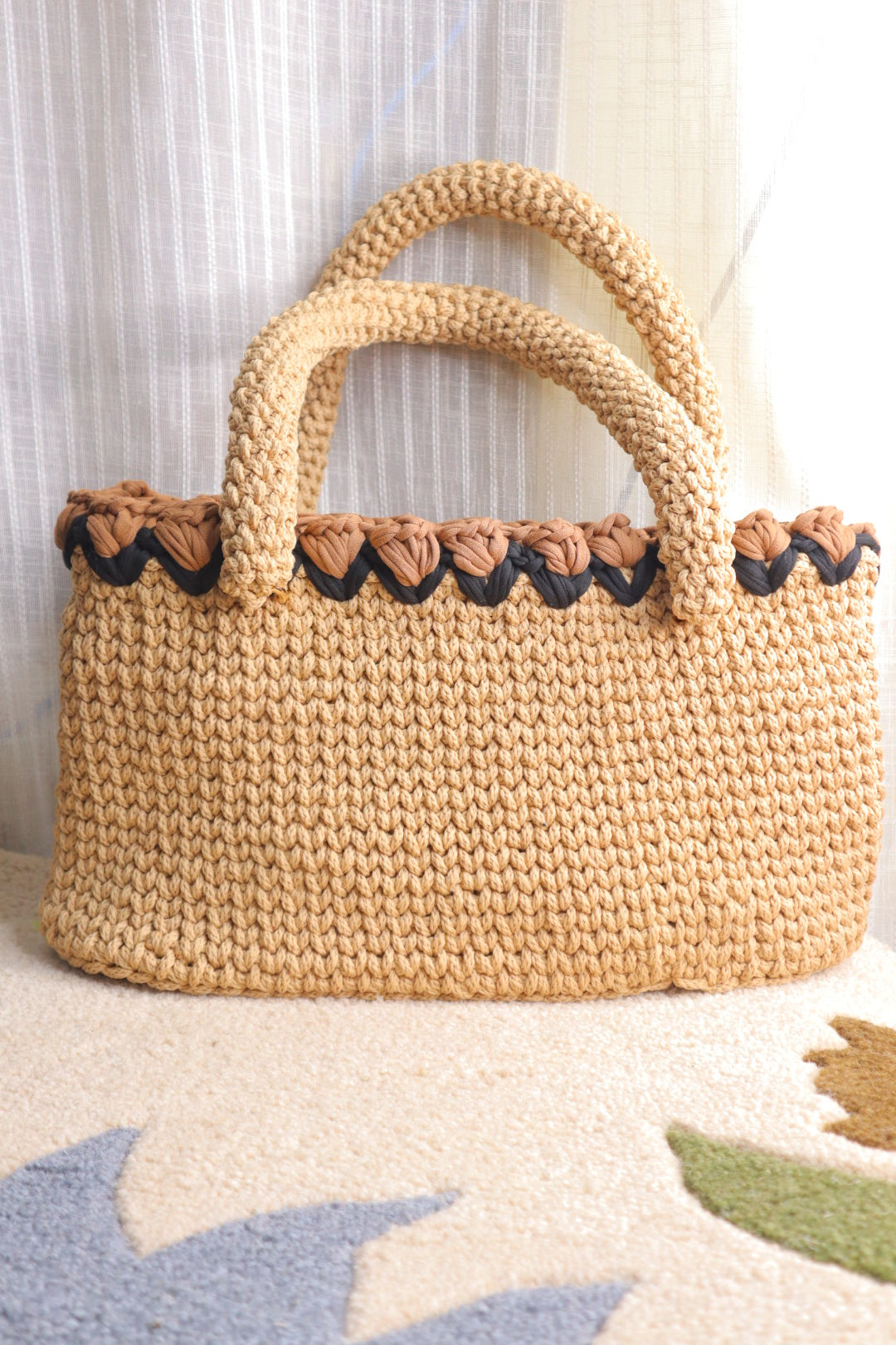 Beige Crochet Tote With Tulips