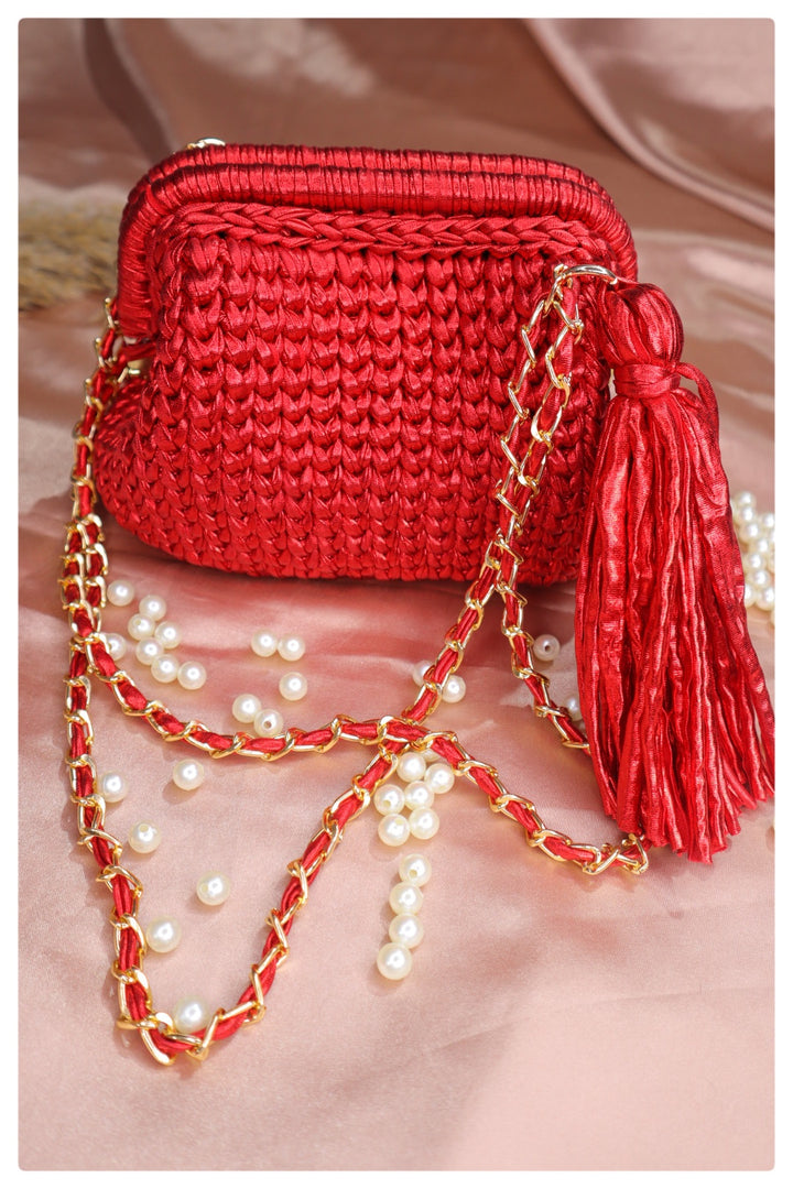 Metallic Red Crochet Clutch with Sling and Tassel