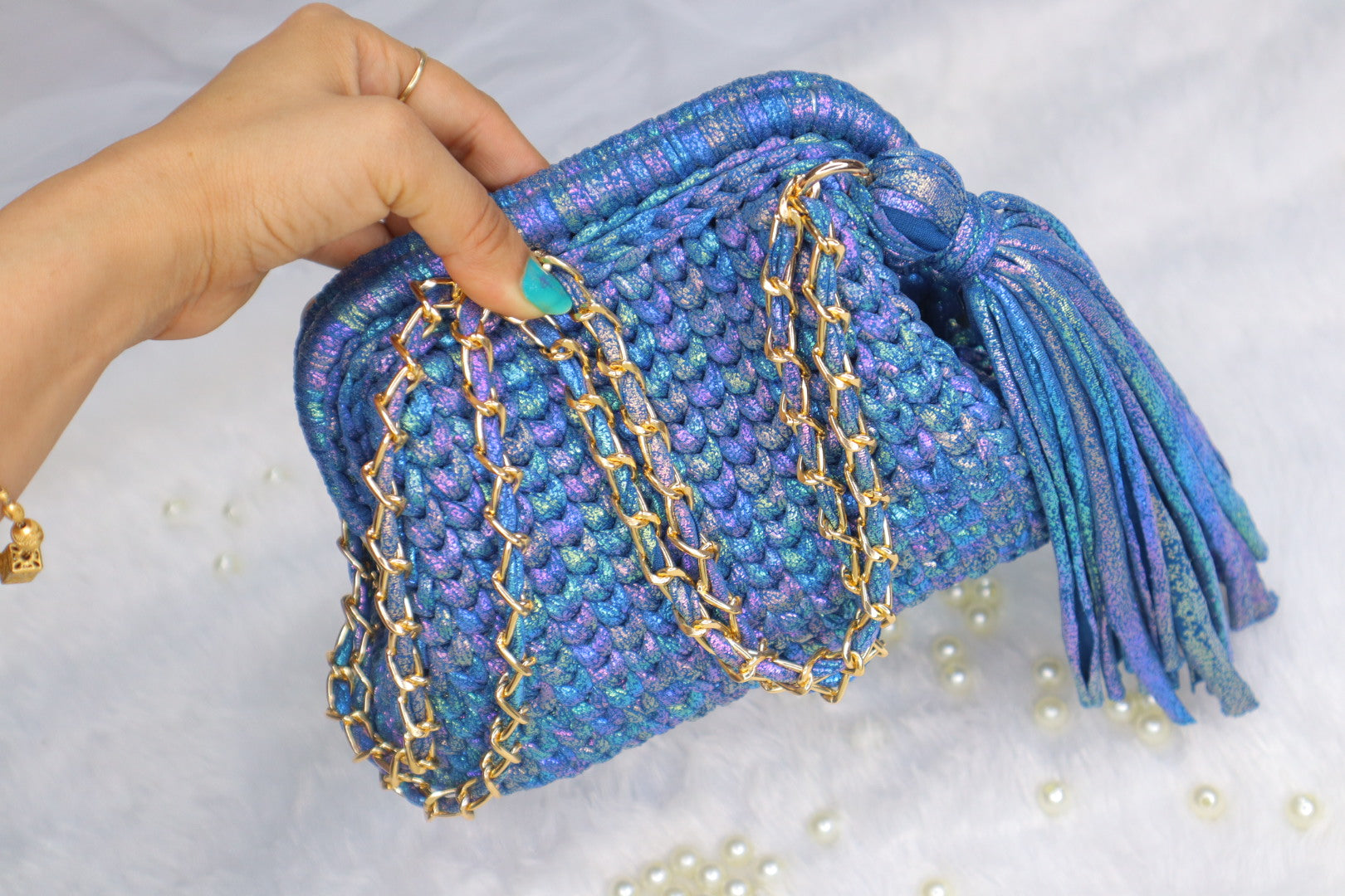 Shimmery Blue Crochet Clutch with Sling and Tassel