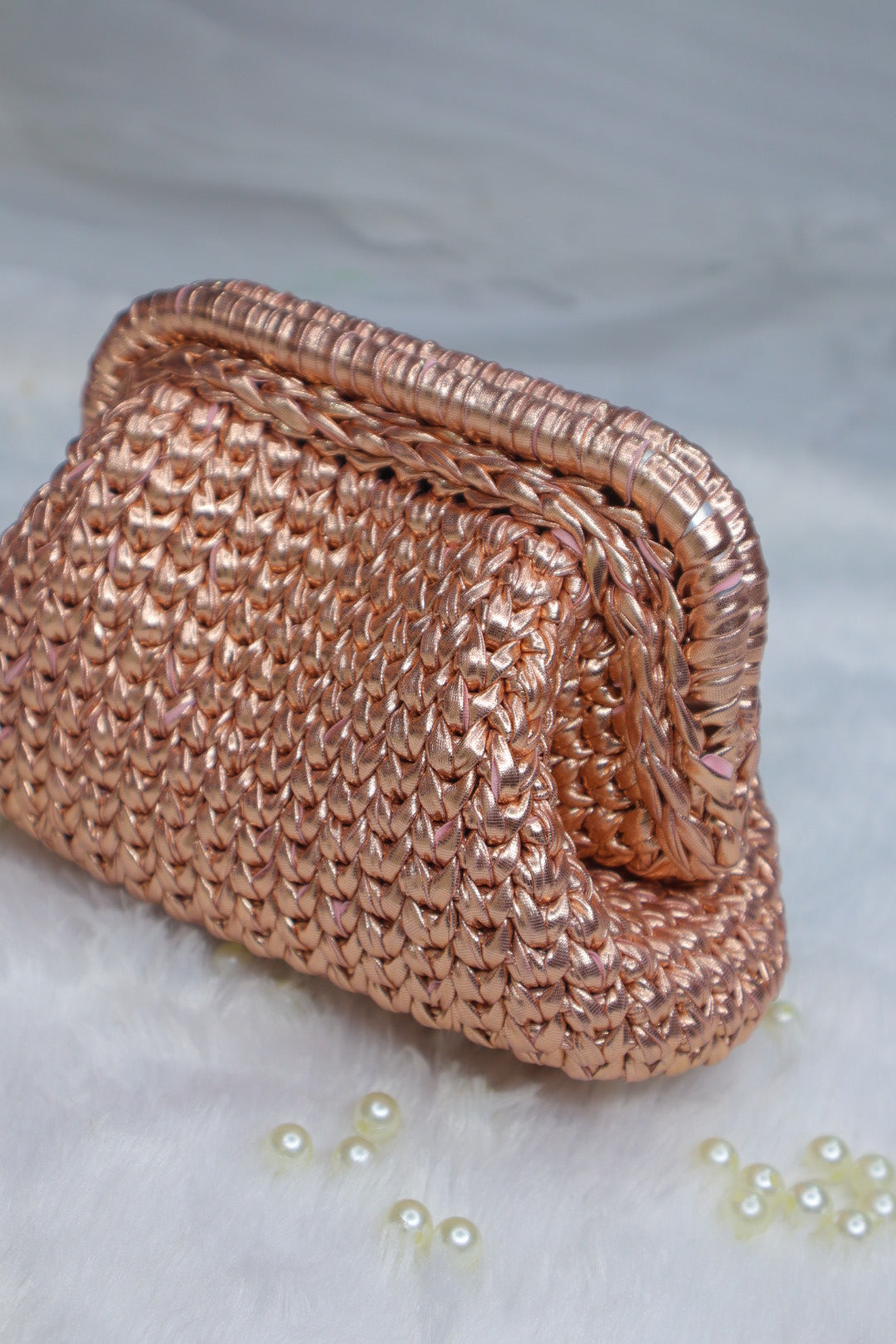 Rose Gold Crochet Clutch with Sling and Tassel
