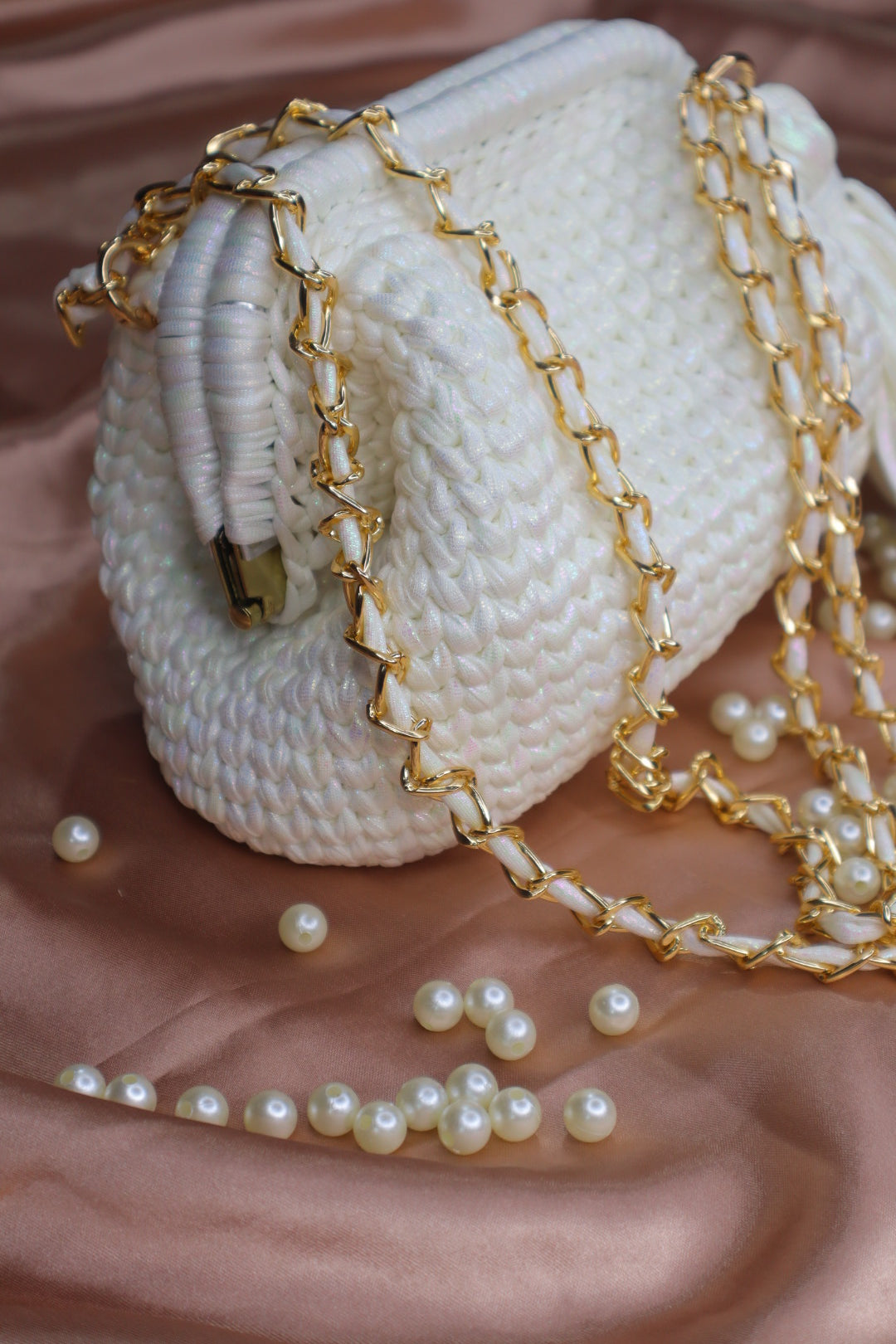 Shimmery White Crochet Clutch with Sling and Tassel