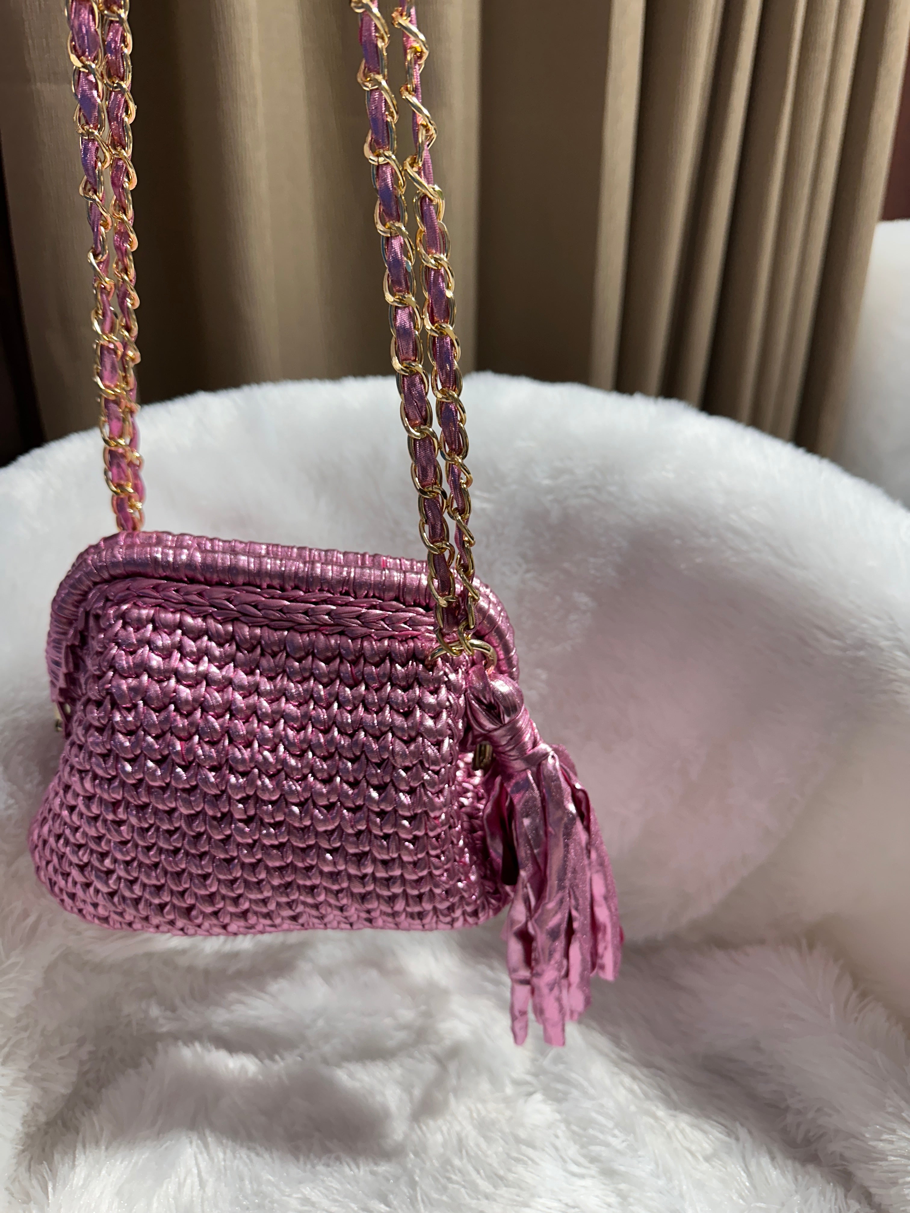 Pink Petal Metallic Crochet Clutch with Sling and Tassel