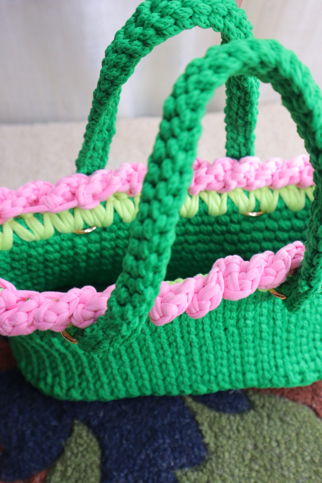Pink Tulips on Green Mini Crochet Bag