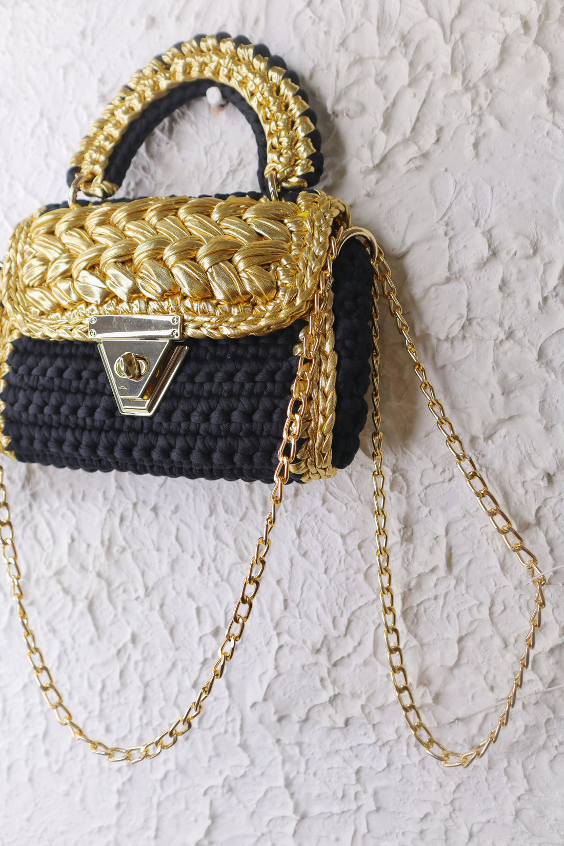 Luxurious Black and Gold Handcrafted Crochet Bag