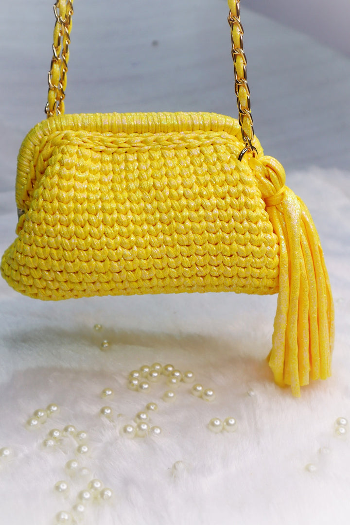 Shimmery Yellow Crochet Clutch with Sling and Tassel