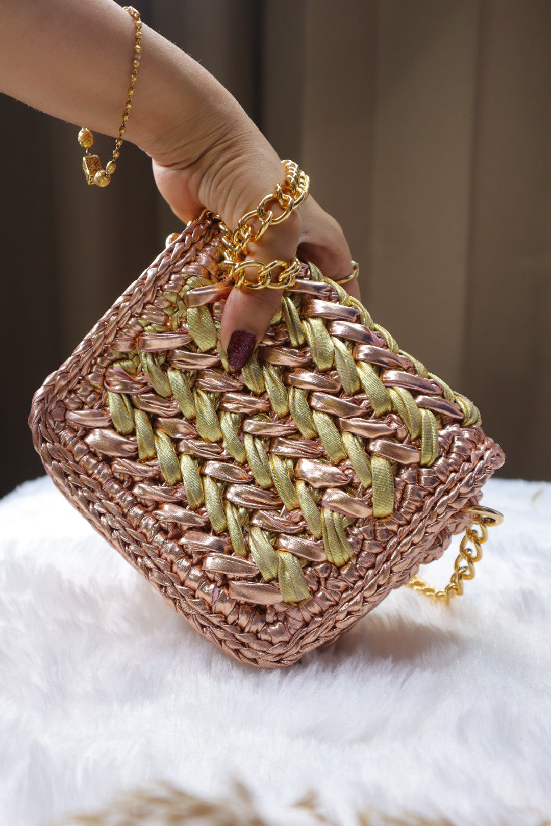 Waffle Rose Gold Champagne Gold Bag