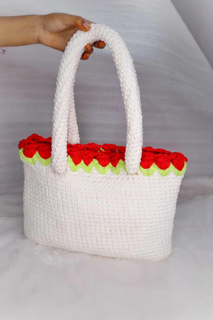 White Crochet Tote With Red Tulips