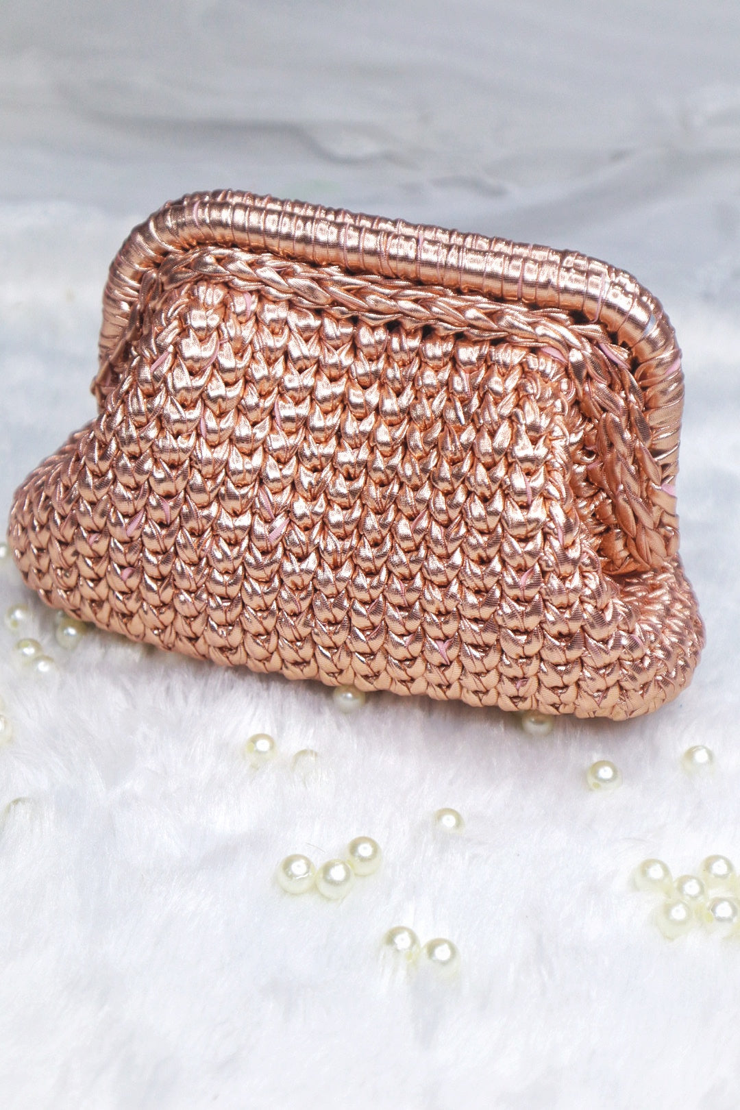 Rose Gold Crochet Clutch with Sling and Tassel