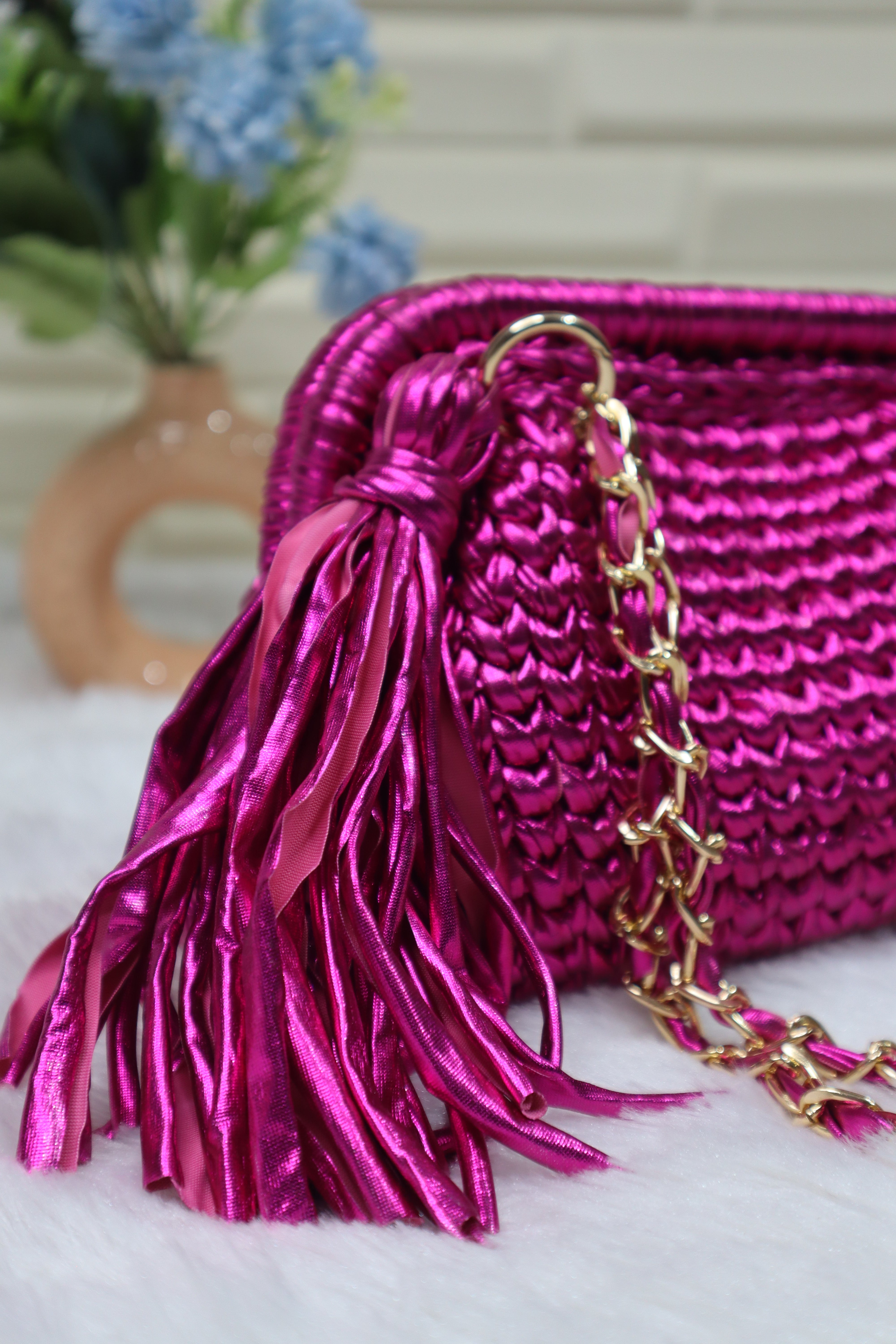 Hot Pink Glam Metallic Crochet Clutch