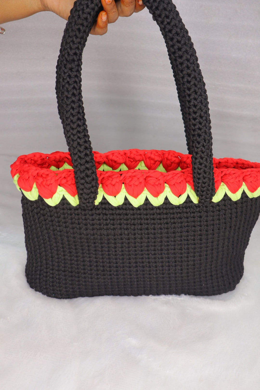 Black Crochet Tote With Red Tulips