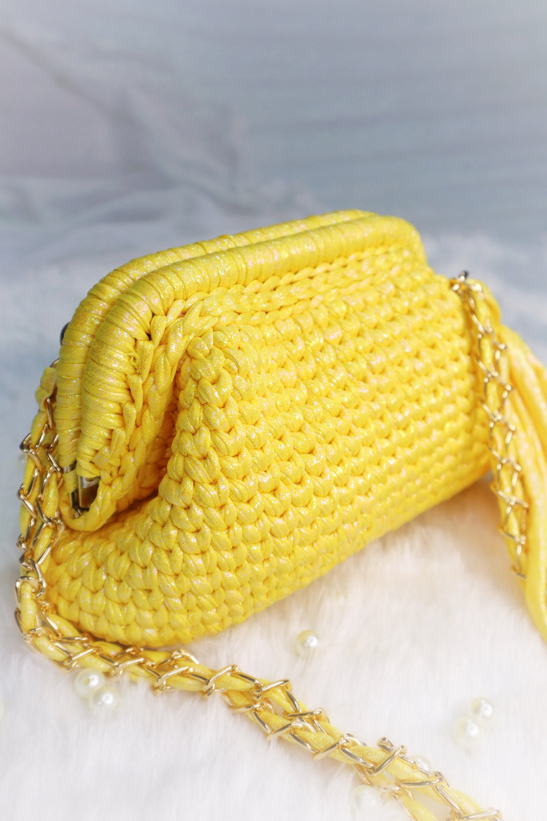 Shimmery Yellow Crochet Clutch with Sling and Tassel