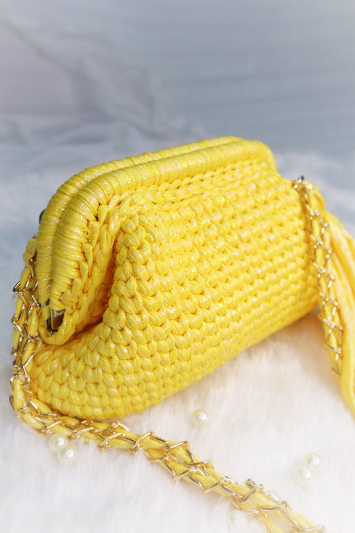 Shimmery Yellow Crochet Clutch with Sling and Tassel