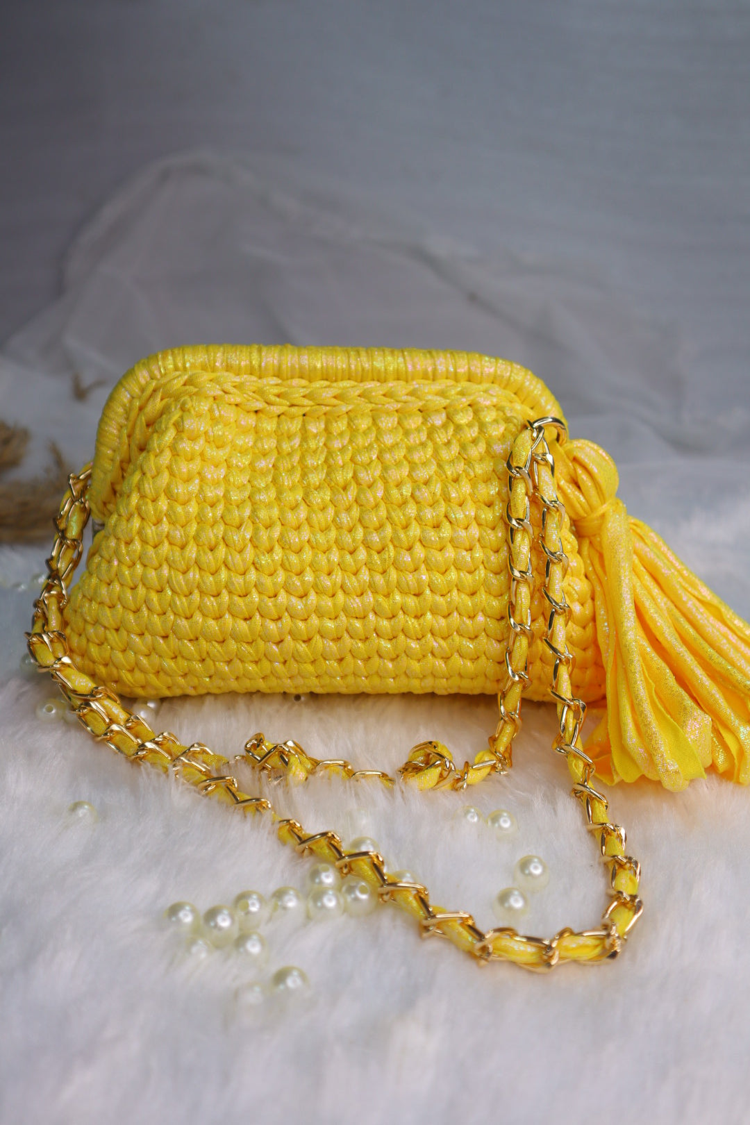 Shimmery Yellow Crochet Clutch with Sling and Tassel