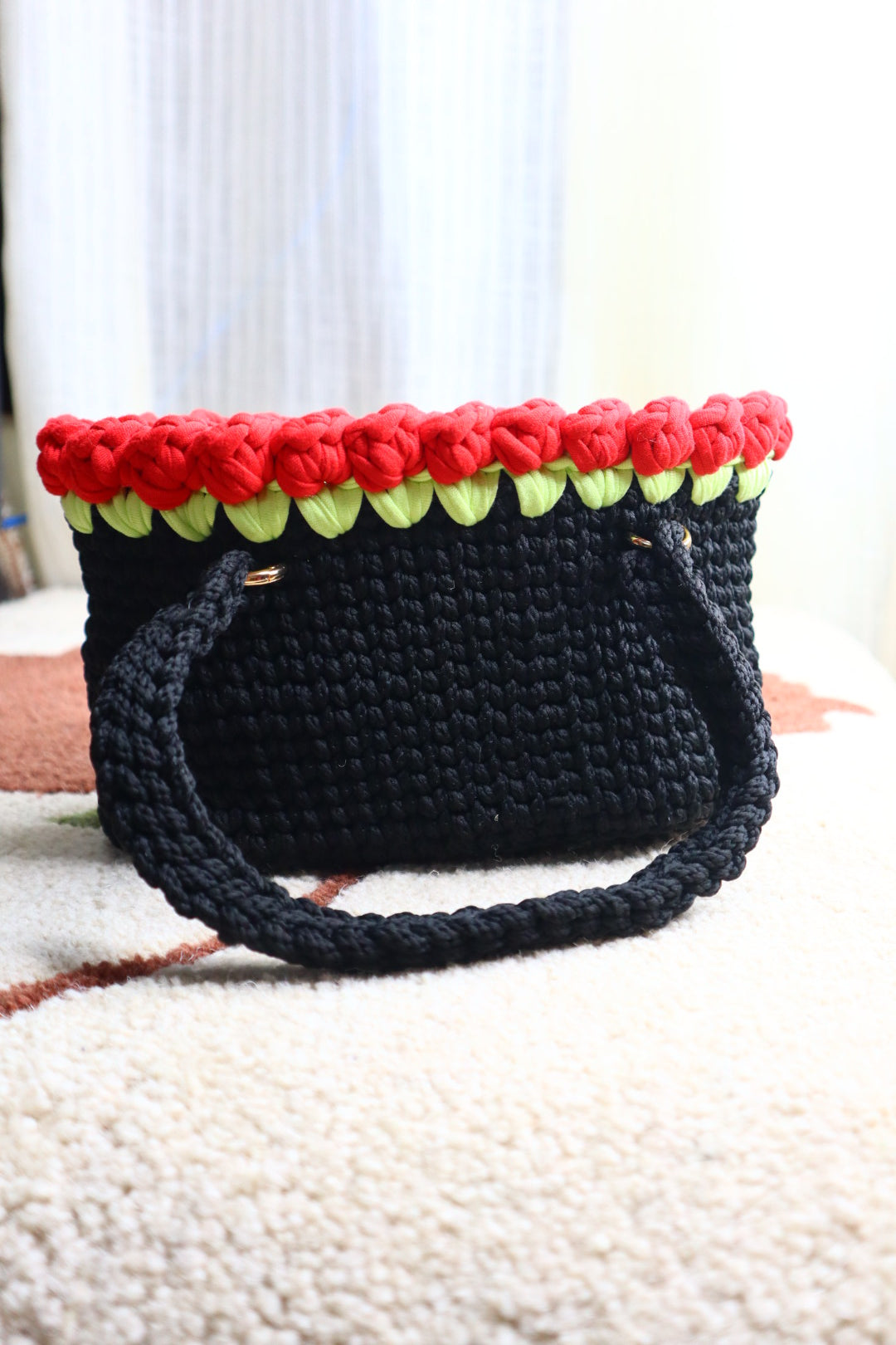 Red Tulips on Black Mini Crochet Bag