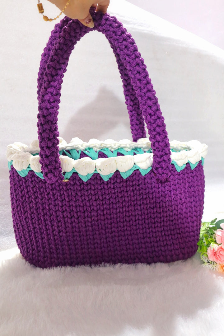Purple Crochet Tote With White Tulips