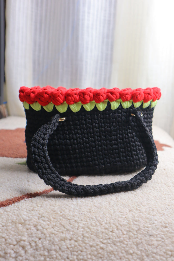 Red Tulips on Black Mini Crochet Bag