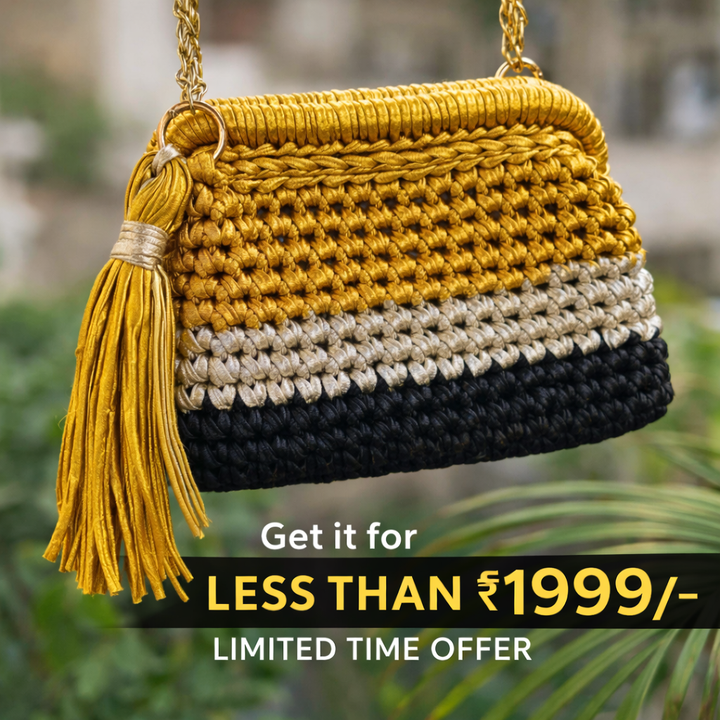 Gold Silver & Black Triple Tone Crochet Clutch with Sling and Tassel