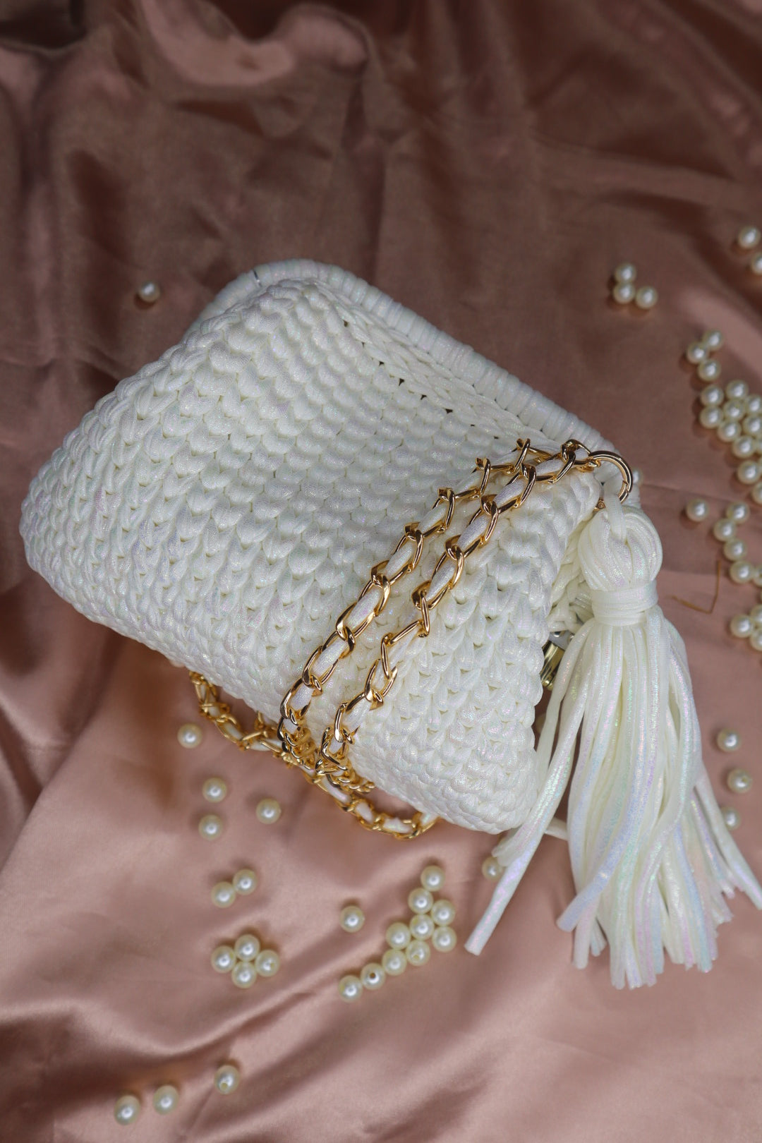 Shimmery White Crochet Clutch with Sling and Tassel