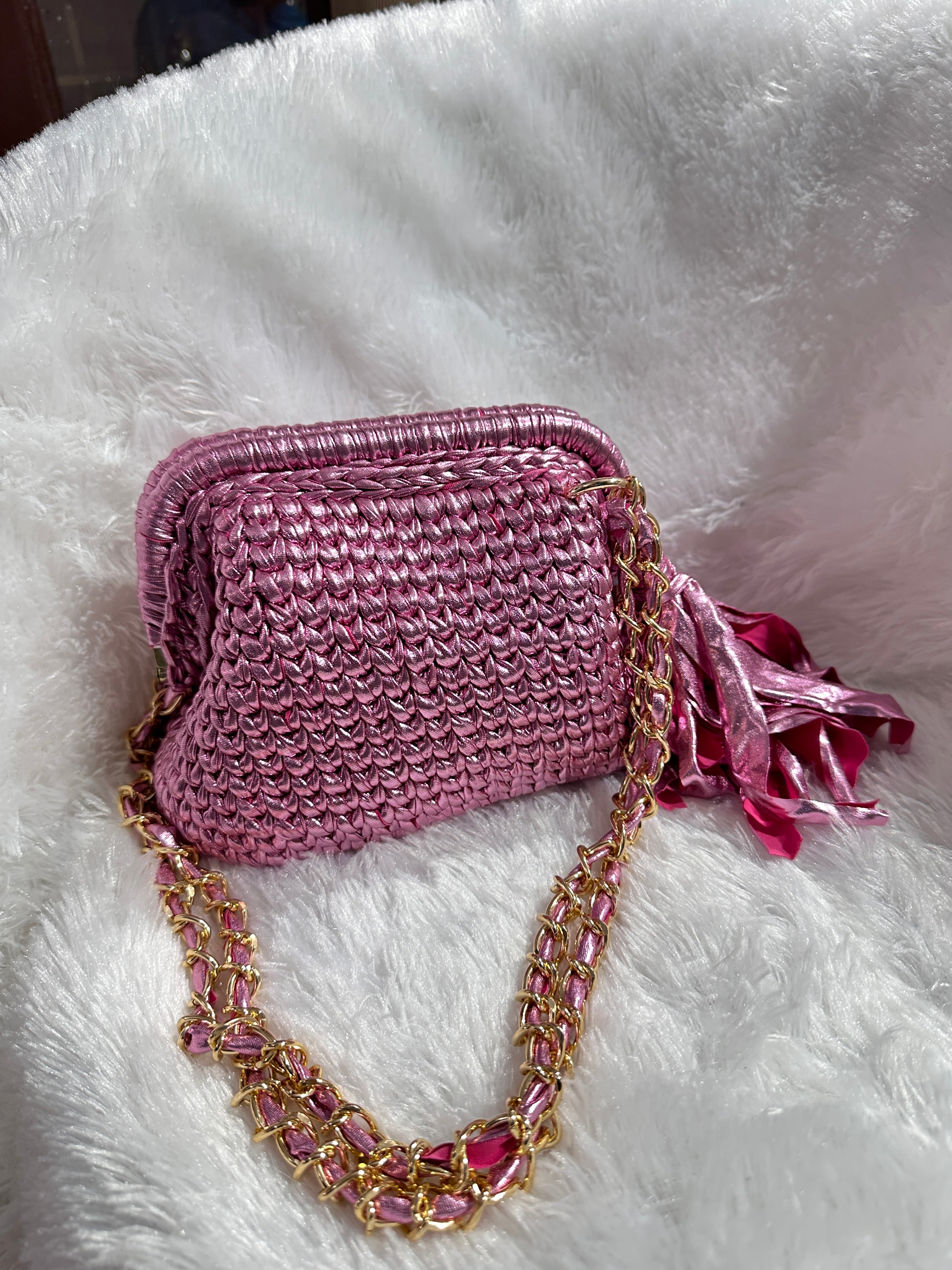 Pink Petal Metallic Crochet Clutch with Sling and Tassel