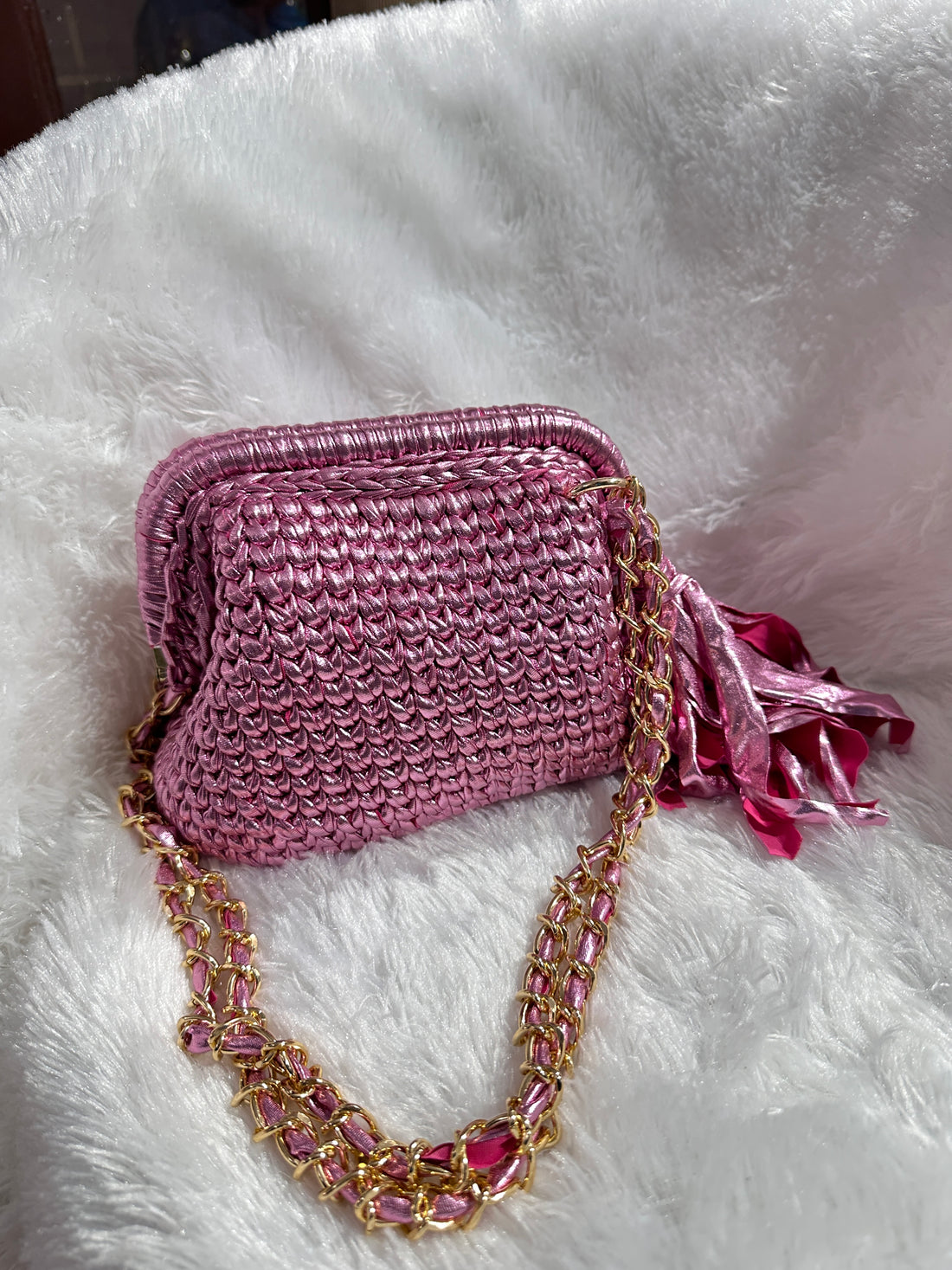 Pink Petal Metallic Crochet Clutch with Sling and Tassel