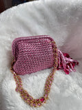 Pink Petal Metallic Crochet Clutch with Sling and Tassel