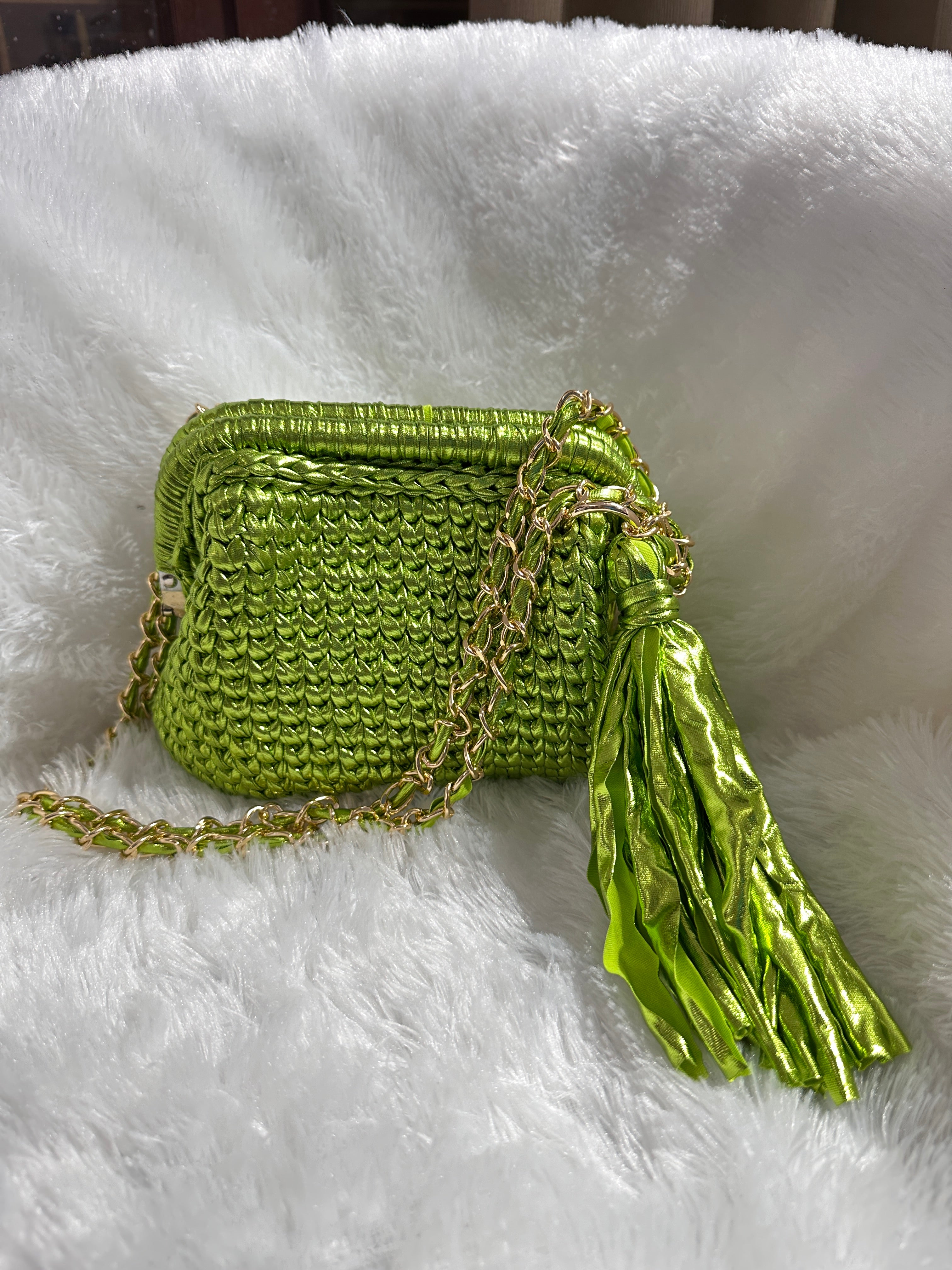 Lime Green Metallic Crochet Clutch with Sling and Tassel