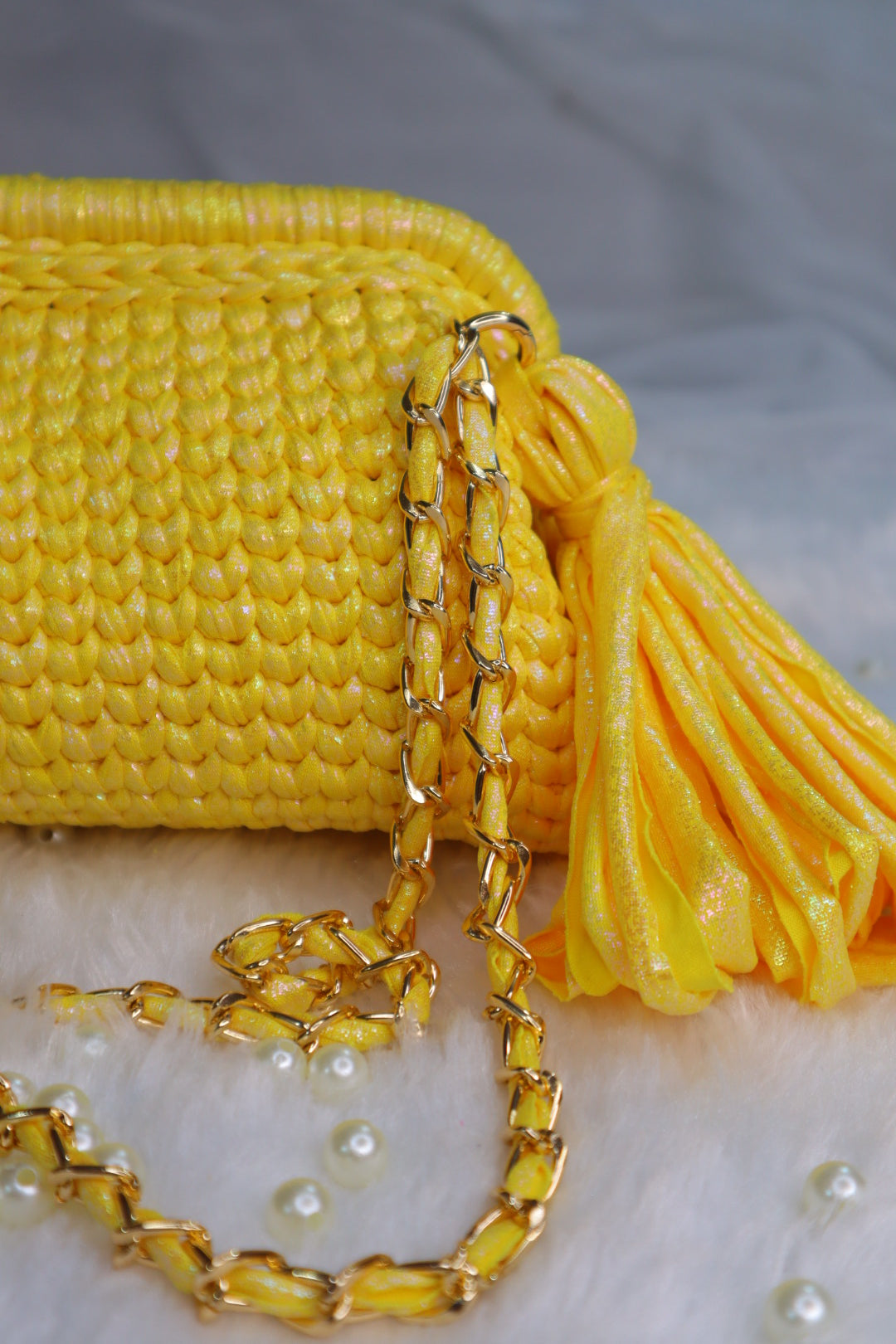 Shimmery Yellow Crochet Clutch with Sling and Tassel