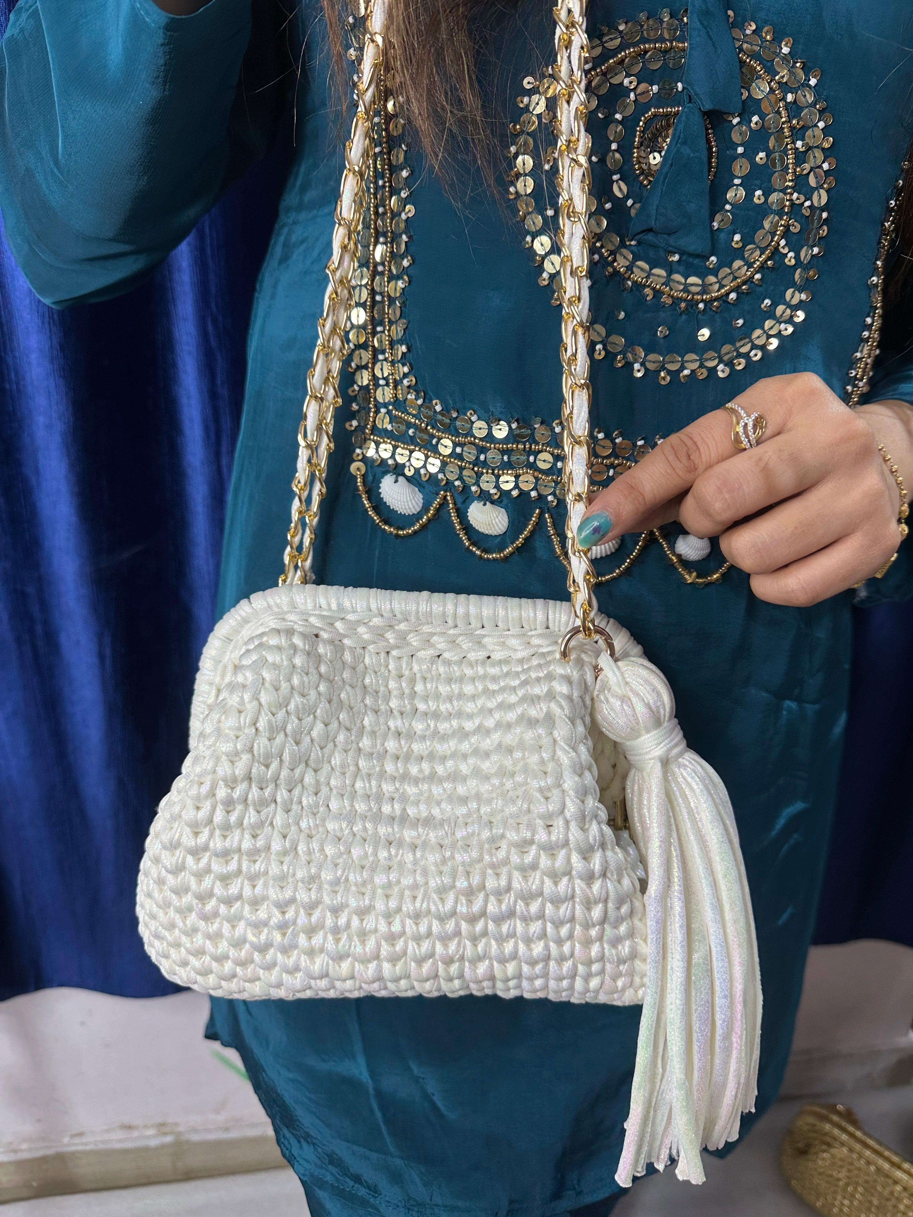 Shimmery White Crochet Clutch with Sling and Tassel