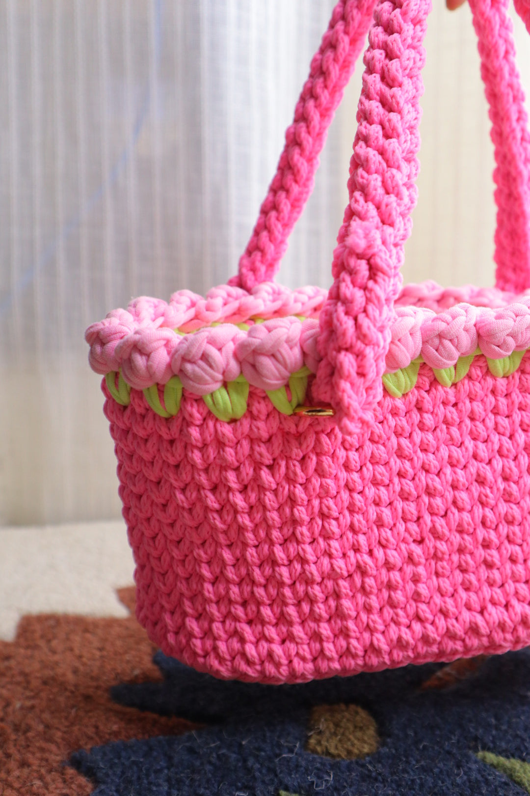 White Tulips on Pink Mini Crochet Bag