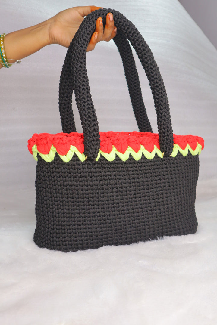 Black Crochet Tote With Red Tulips