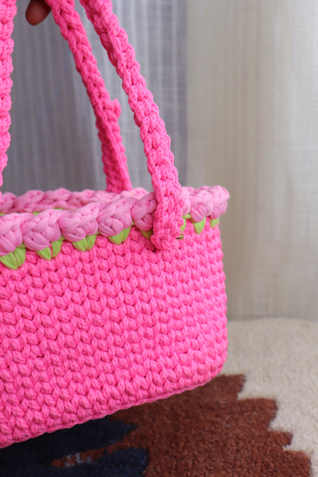 White Tulips on Pink Mini Crochet Bag