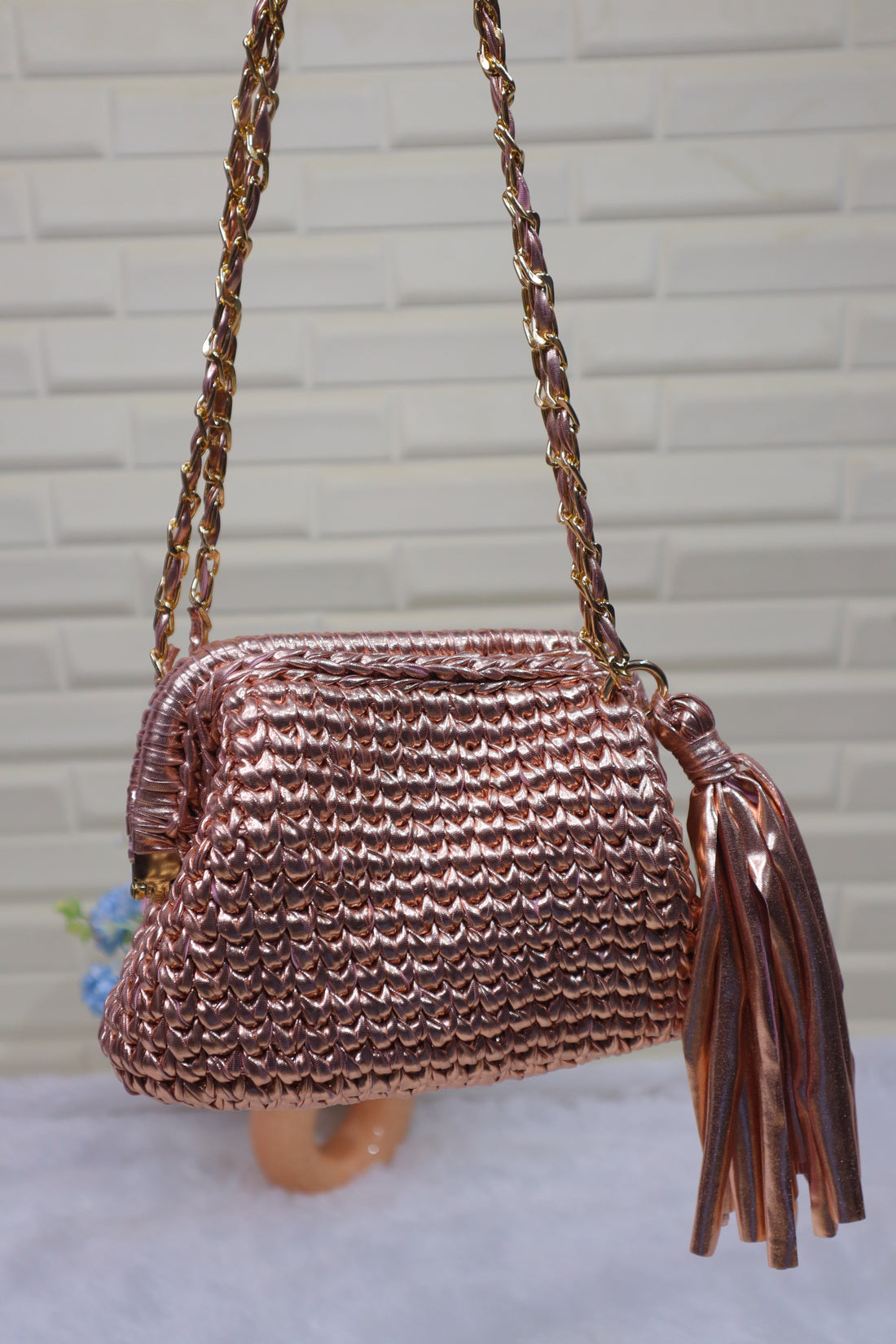 Rose Gold Crochet Clutch with Sling and Tassel